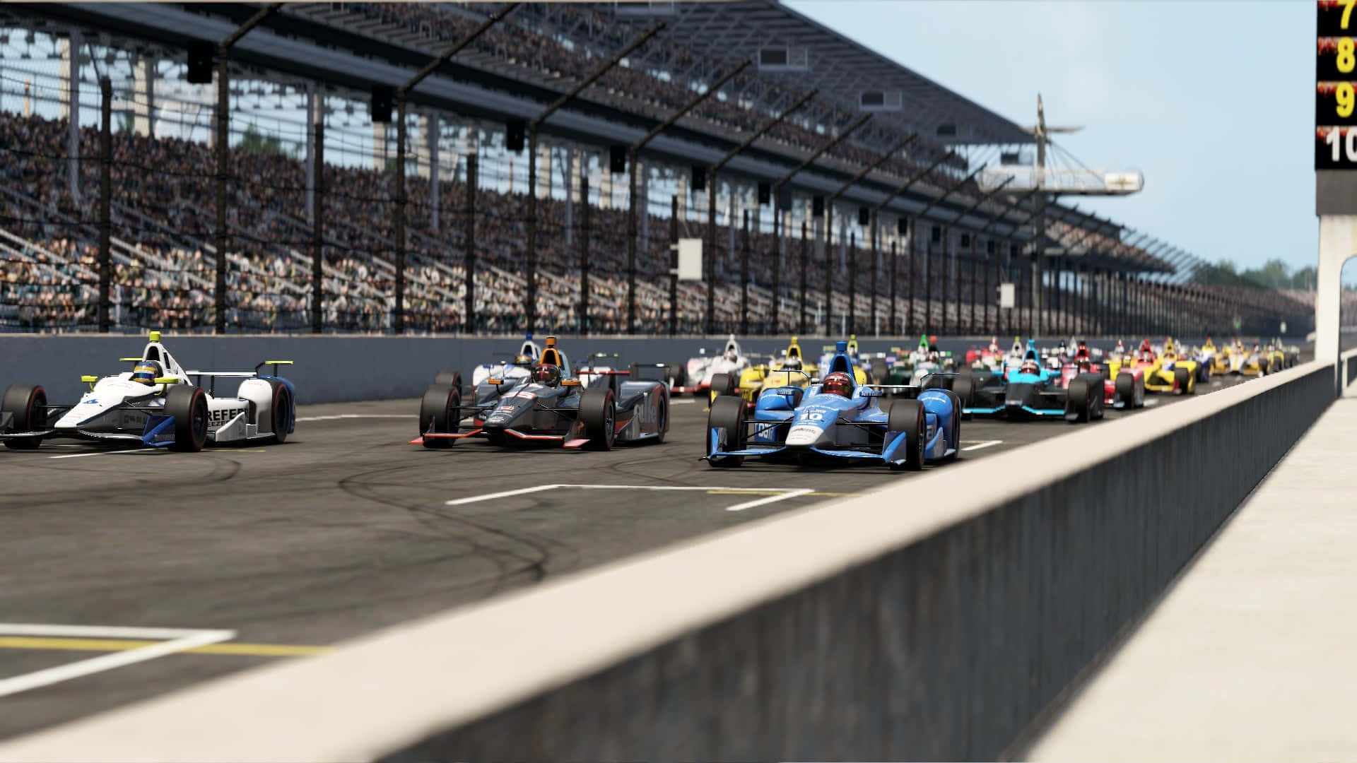 HD Project Cars 2 桌布 壁紙 — 一組色彩繽紛的開輪式賽車在陽光照耀的瀝青賽道上飛馳，背景是座無虛席的看台。