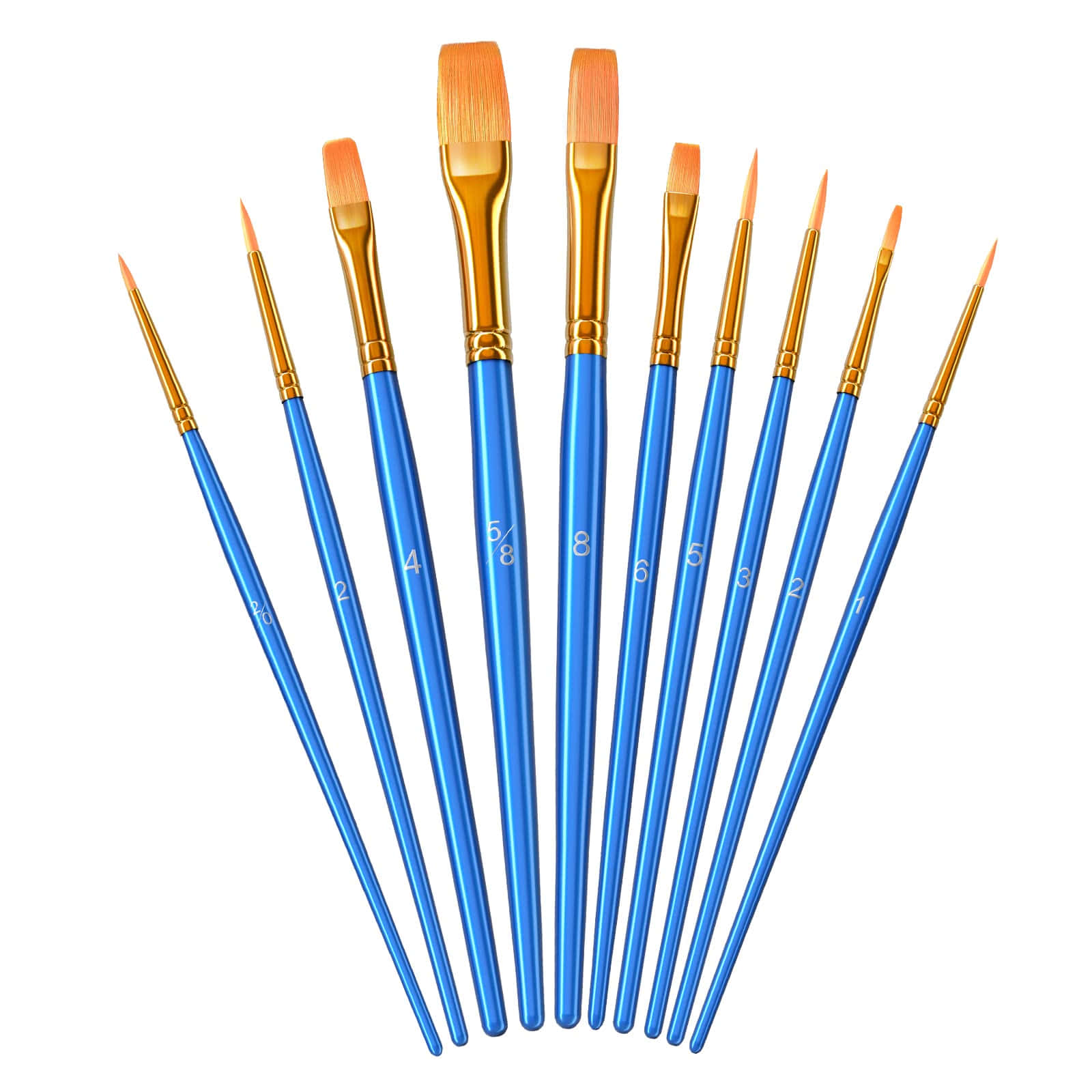 Paint Brush 桌布 壁紙 — 一組藍色手柄的油漆刷，帶有金色金屬箍和橙色刷毛，在白色背景上呈扇形排列。