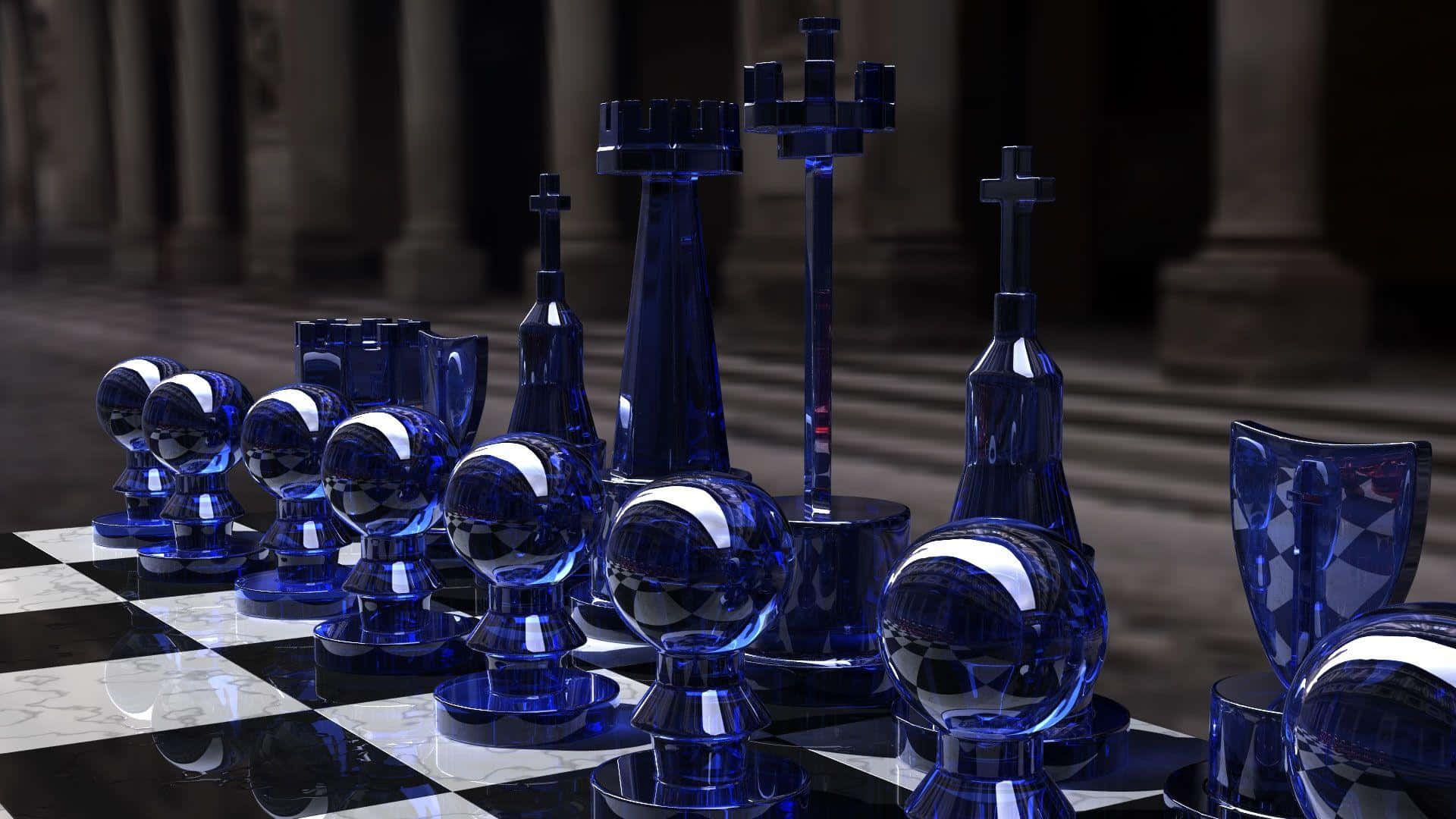 一組藍色玻璃棋子的西洋棋組 壁紙