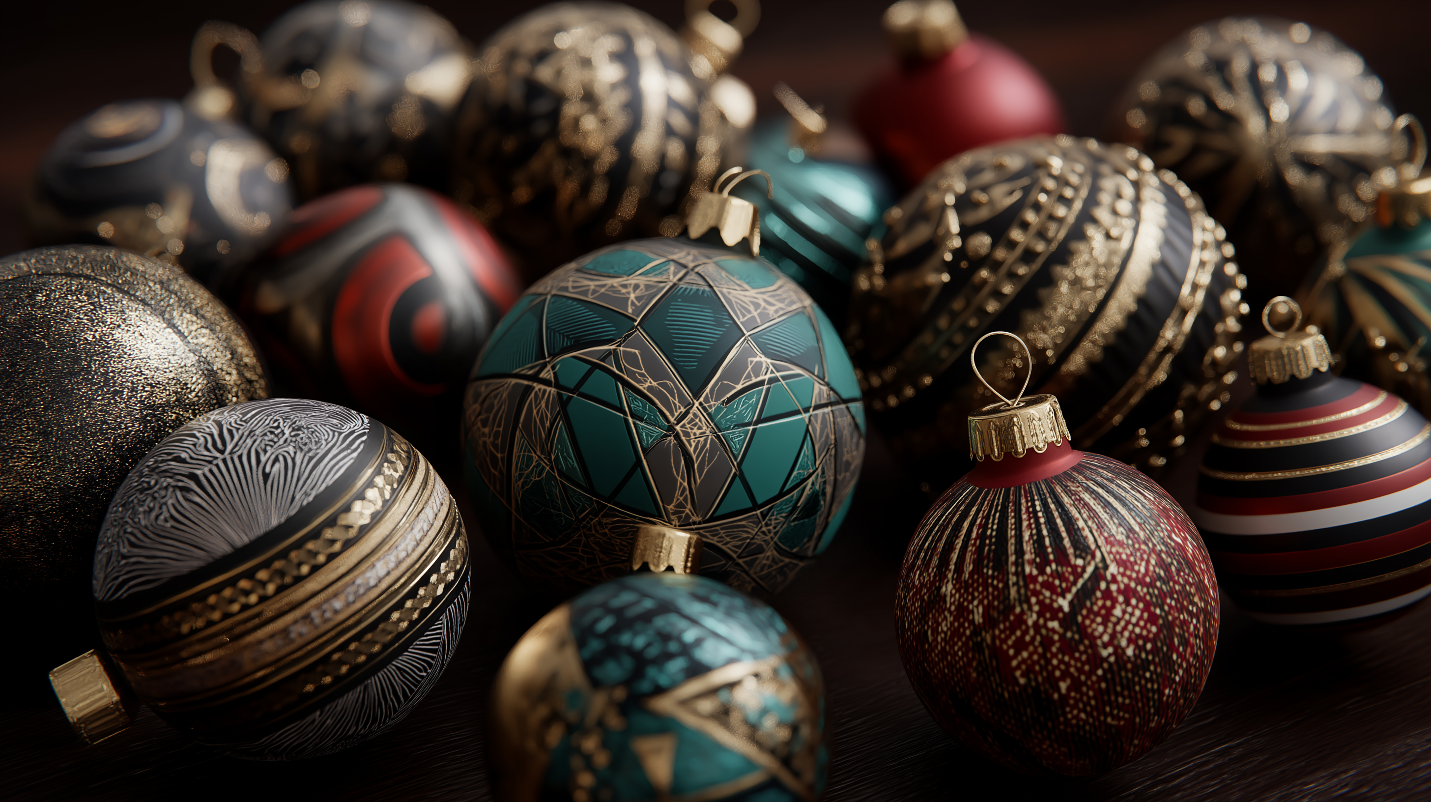Baubles 桌布 壁紙 — 一組裝飾性聖誕飾品，帶有金色、青綠色、紅色和黑色圖案，放置在深色木質表面上。