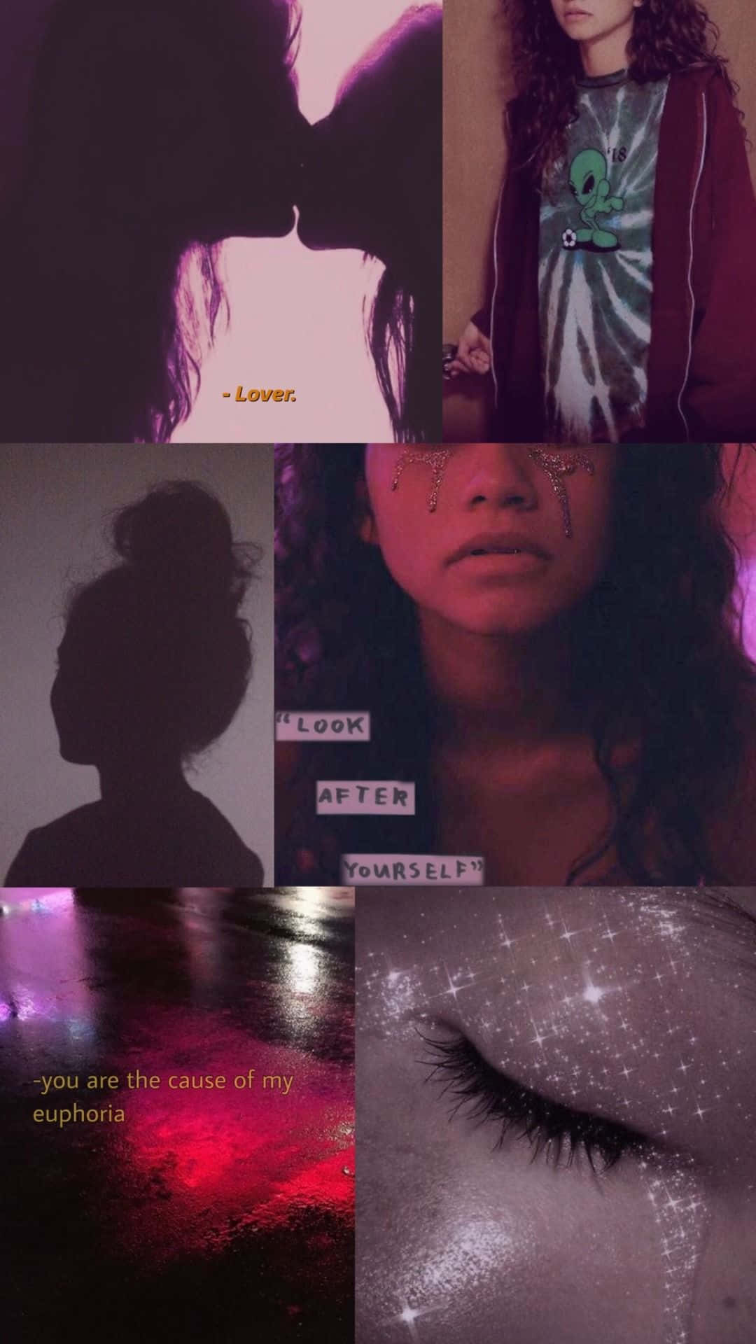 Euphoria Hbo iPhone 桌布 壁紙 — 一組陰鬱紫色調的拼貼圖像，包含剪影、穿著紮染襯衫的人、閃閃發光的睫毛和反射濕漉漉的人行道，並帶有文字疊加。