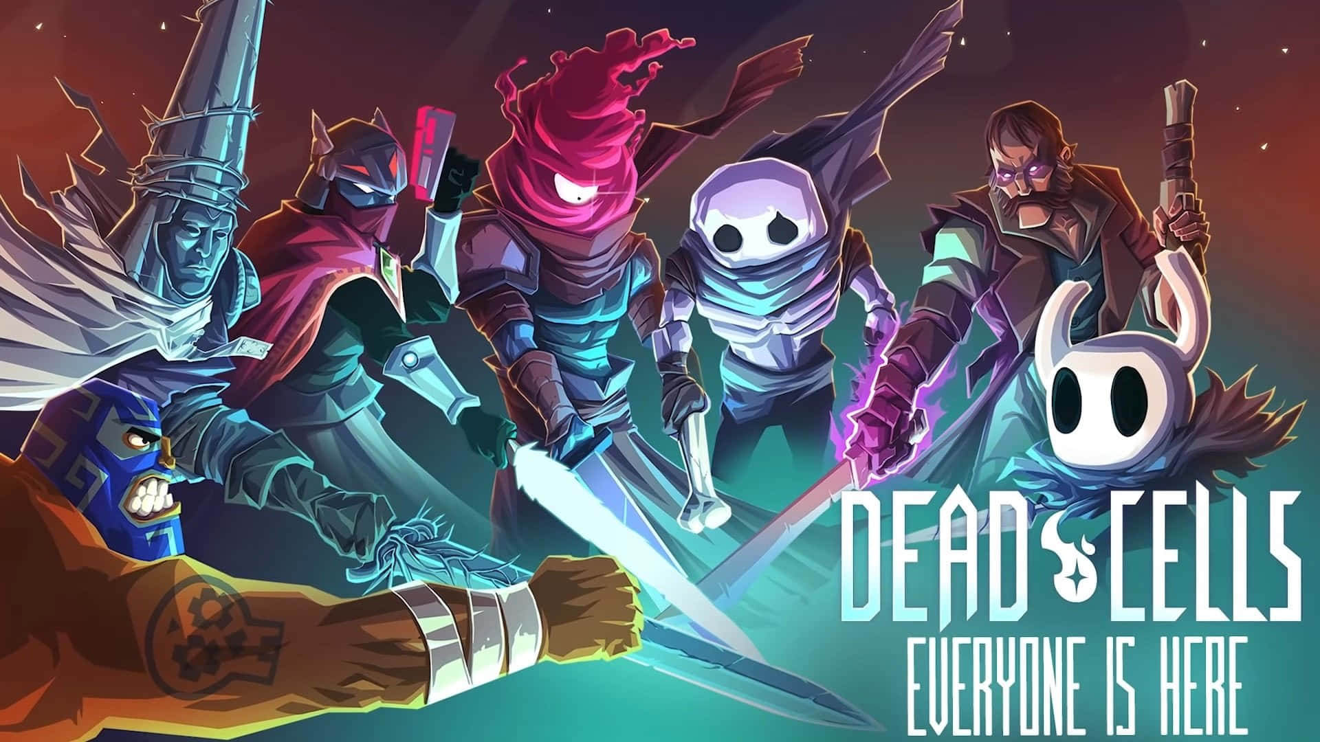 Indie Games 桌布 壁紙 — 一組風格化的遊戲角色在黑暗宇宙背景下擺出戰鬥姿勢，配備發光武器和戲劇性燈光。