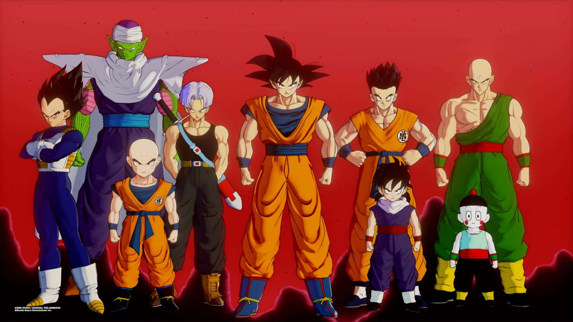 Dbz 桌布 壁紙 — 一組龍珠角色在帶有黑暗能量效果的熾熱紅色背景上英勇站立。