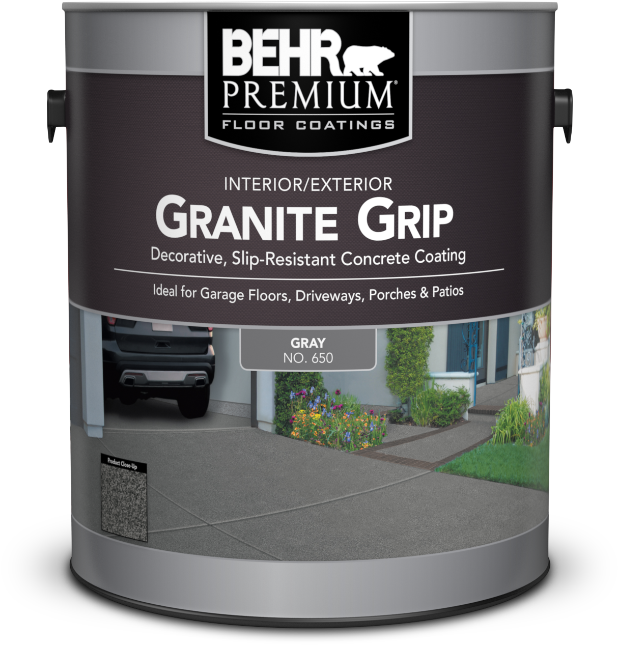 混凝土 桌布 壁紙 — 一罐Behr Premium Granite Grip灰色混凝土塗料，顯示一條車道，停著一輛車和色彩繽紛的花園。