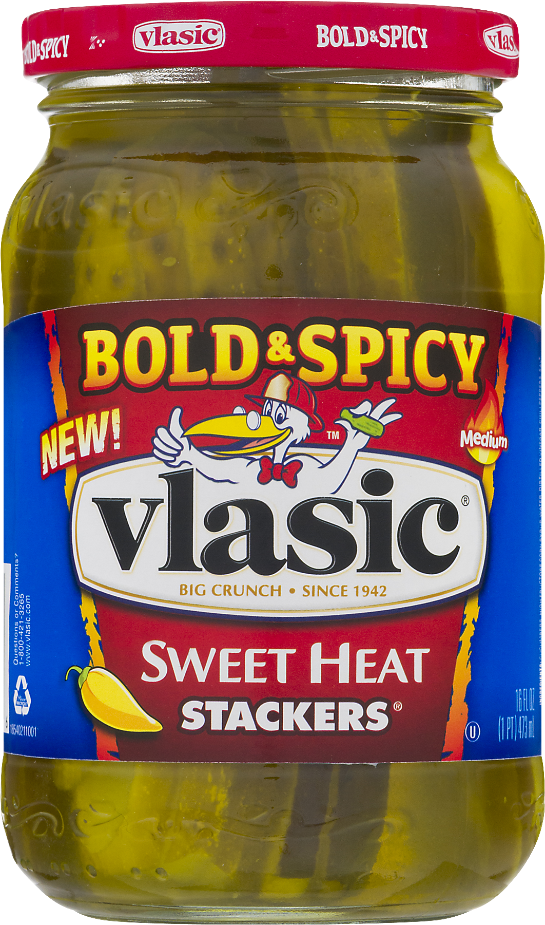 醃黃瓜 桌布 壁紙 — 一罐Vlasic Bold & Spicy Sweet Heat Stackers醃黃瓜，標籤上有卡通鴨子吉祥物。