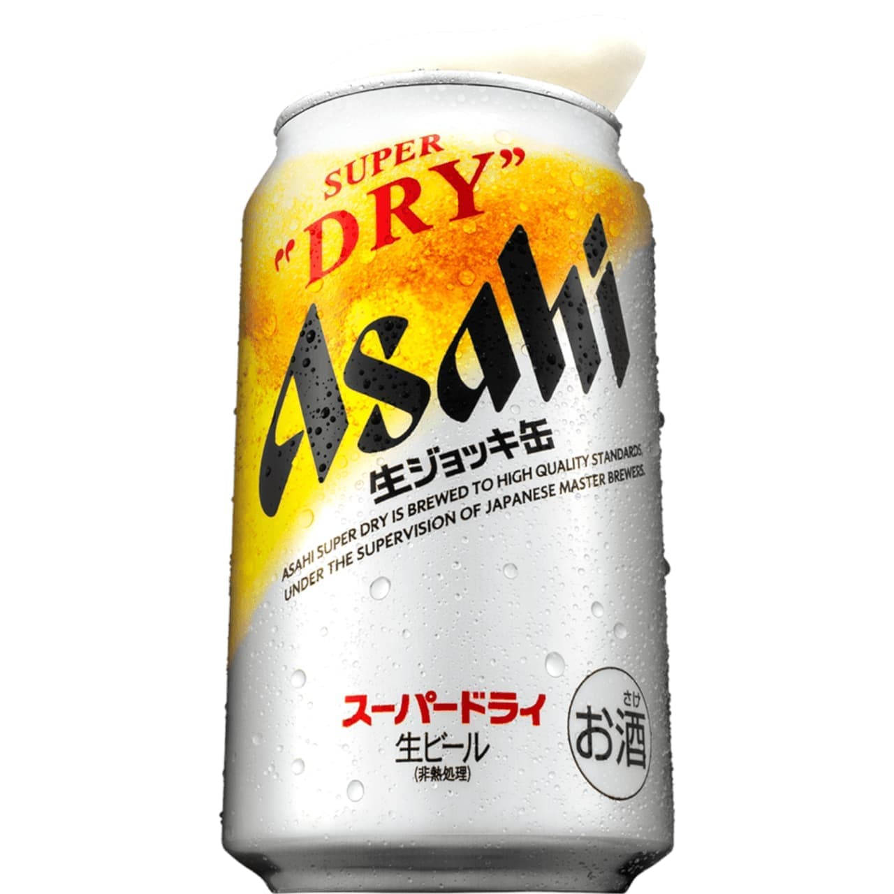 alcohol 桌布 壁紙 — 一罐冰涼的Asahi Super Dry啤酒，帶有冷凝水滴和泡沫白色蓋子，背景為純白色。