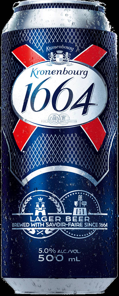 Beer 桌布 壁紙 — 一罐冰涼的Kronenbourg 1664啤酒，藍色和紅色紋理表面帶有冷凝水滴。