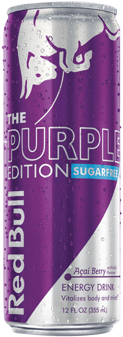 紅牛 桌布 壁紙 — 一罐冰涼的Red Bull Purple Edition Sugarfree能量飲料，在其充滿活力的紫色和銀色表面上帶有冷凝水滴。