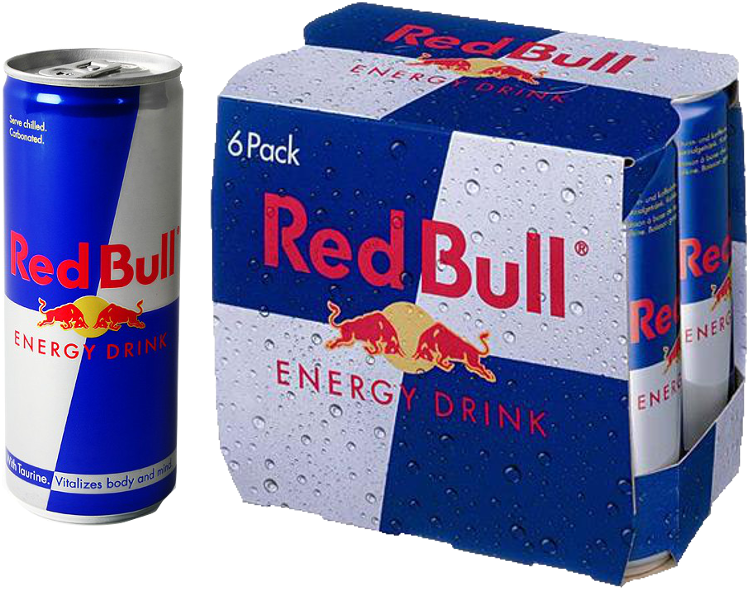 紅牛 桌布 壁紙 — 一罐冰涼的Red Bull能量飲料罐和六罐裝盒子，藍色和銀色包裝上有冷凝水滴。