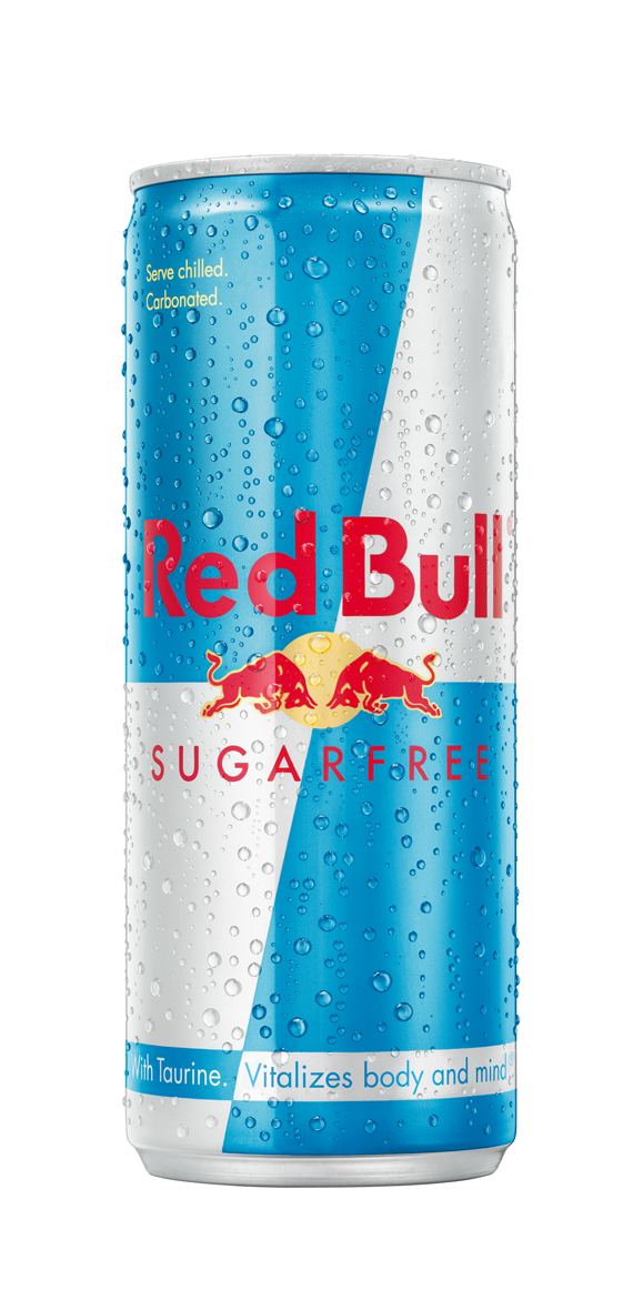 紅牛 桌布 壁紙 — 一罐冰涼的無糖Red Bull，藍白表面上凝結的水珠閃閃發光。