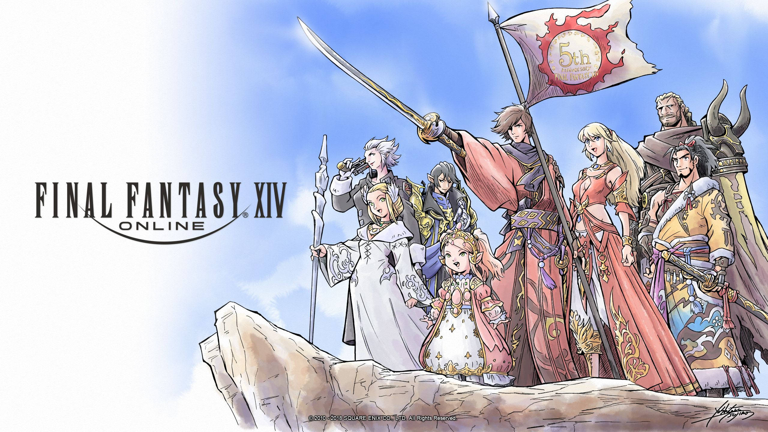 Ff14 桌布 壁紙 — 一群《Final Fantasy XIV》角色在明亮的藍天下英勇地站在岩石懸崖上，手持帶有太陽徽章的旗幟。