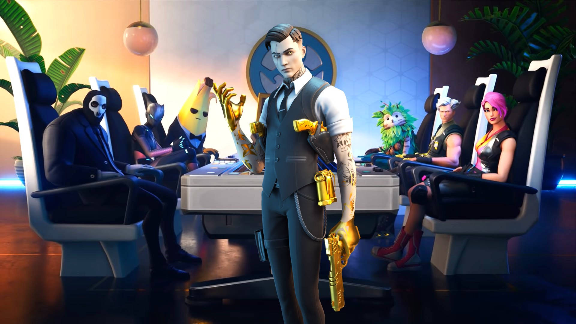 Midas 桌布 壁紙 — 一群 Fortnite 角色在一個時尚的未來主義會議室中，配有發光的燈光和熱帶植物。