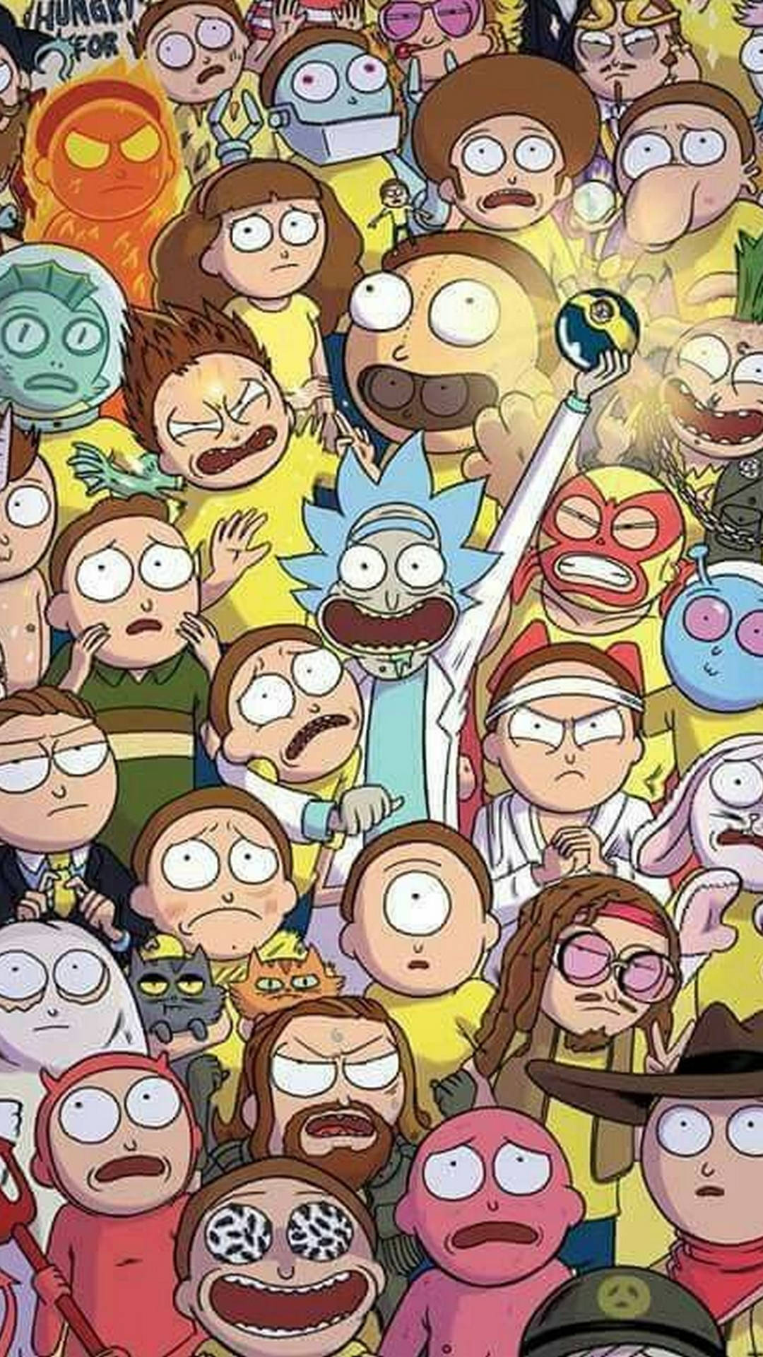rick 桌布 壁紙 — 一群《瑞克和莫蒂》角色，表情誇張，色彩鮮豔，場面混亂。