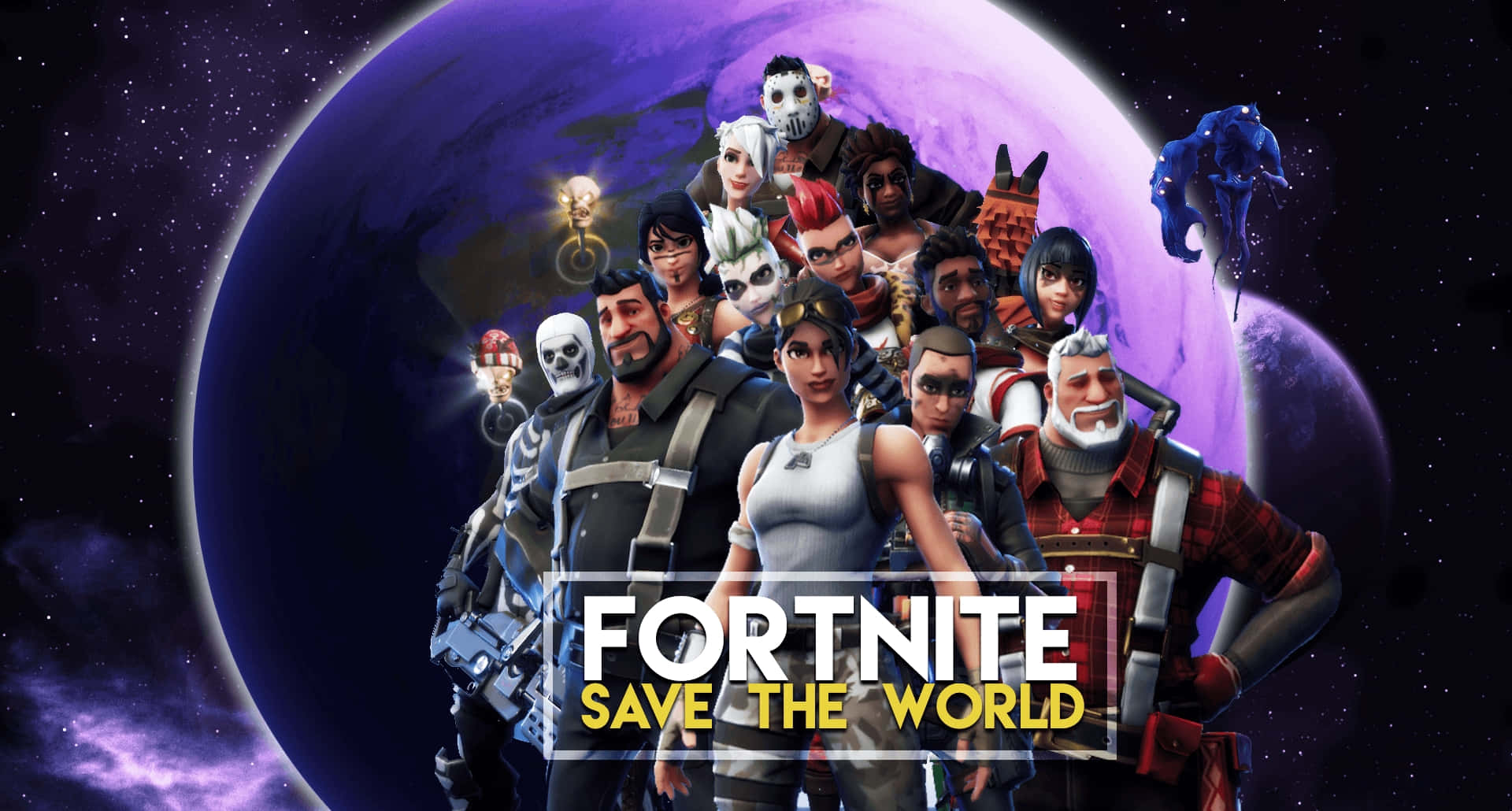 Fye No Skin Fortnite 桌布 壁紙 — 一群《要塞英雄：拯救世界》角色在星光燦爛的宇宙場景中，英勇地站在紫色星球前。