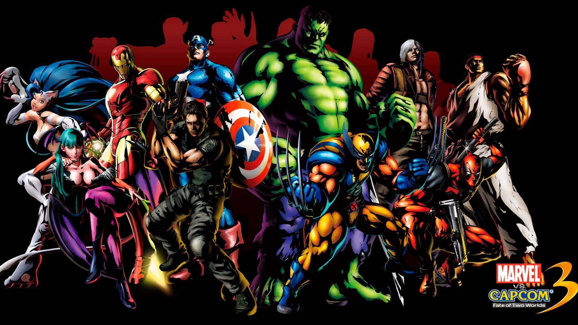 heroes 桌布 壁紙 — 一群Marvel和Capcom的超級英雄和反派在帶有紅色剪影的深色背景前英勇地擺出姿勢。
