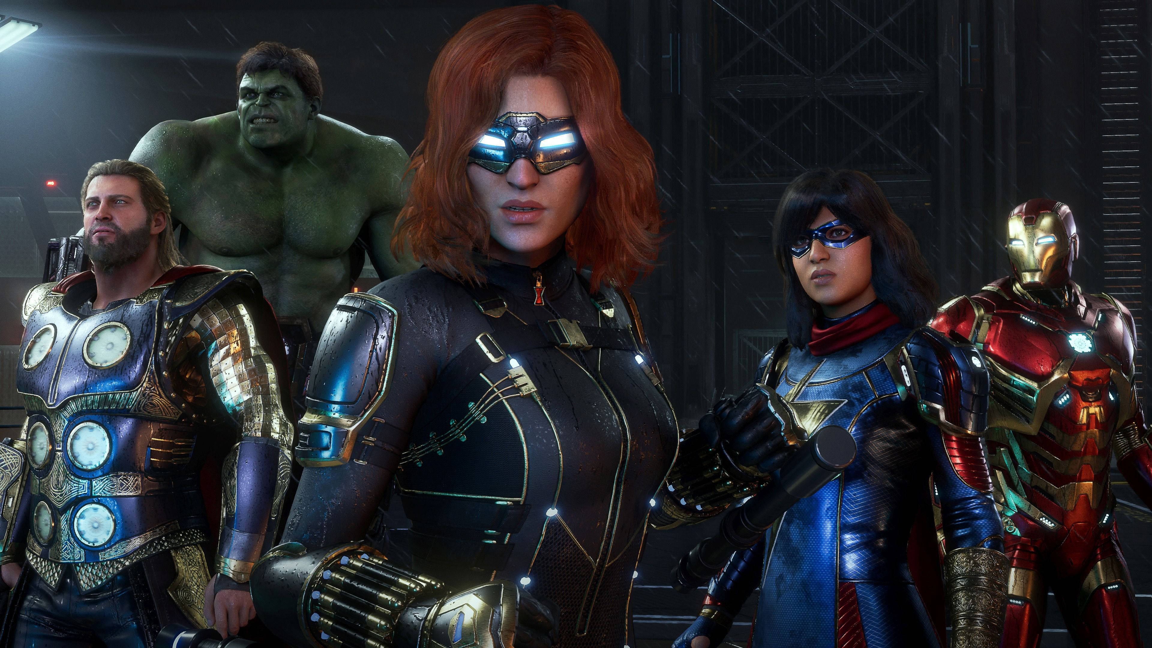 桌布 壁紙 — 一群Marvel超級英雄，包括Thor、Hulk、Black Widow和Iron Man，在黑暗的未來場景中站在一起。