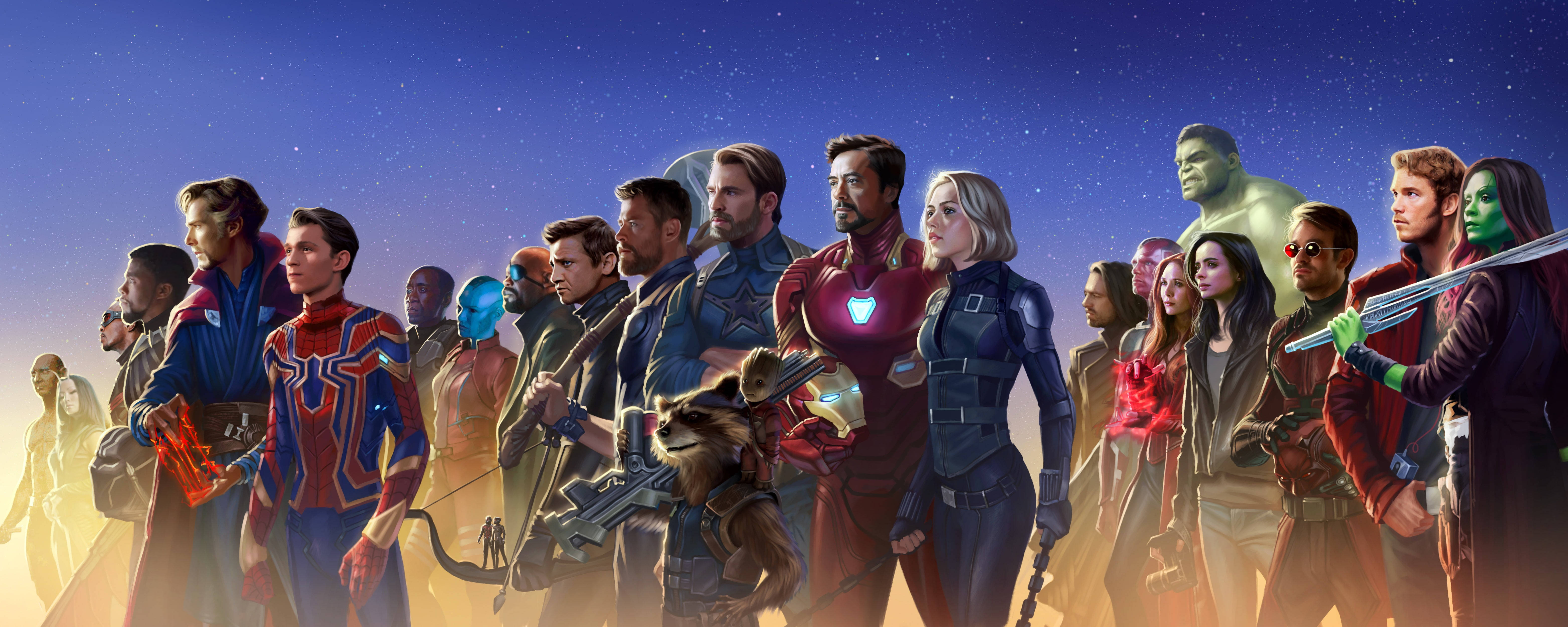 Marvel Avengers 桌布 壁紙 — 一群Marvel超級英雄和英雄們英勇地站在星光燦爛的暮色天空下，散發著發光的宇宙能量。