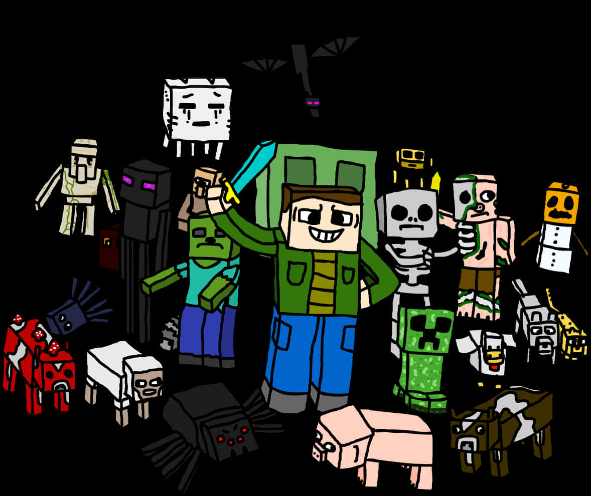 Minecraft Aesthetic 桌布 壁紙 — 一群Minecraft角色，包括Steve和各種生物如殭屍、骷髏和苦力怕，一起站在黑色背景前。