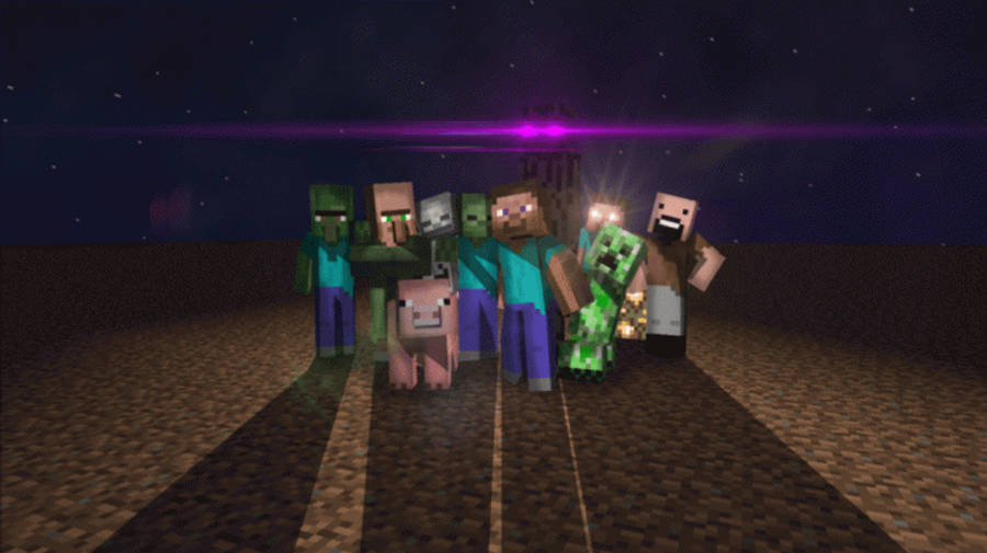 Pig 桌布 壁紙 — 一群Minecraft角色，包括殭屍和一隻豬，站在星空夜空下，地平線發出紫色光芒。
