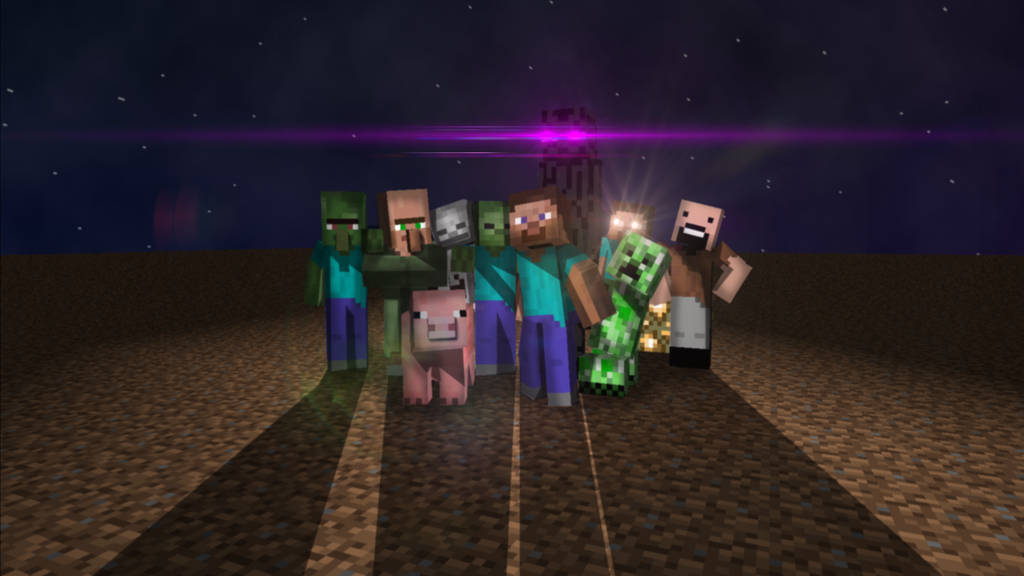 我的世界 史蒂夫 桌布 壁紙 — 一群Minecraft角色，包括殭屍、苦力怕及一隻豬，在繁星點點的夜空下，背景有一座發光的紫色塔。