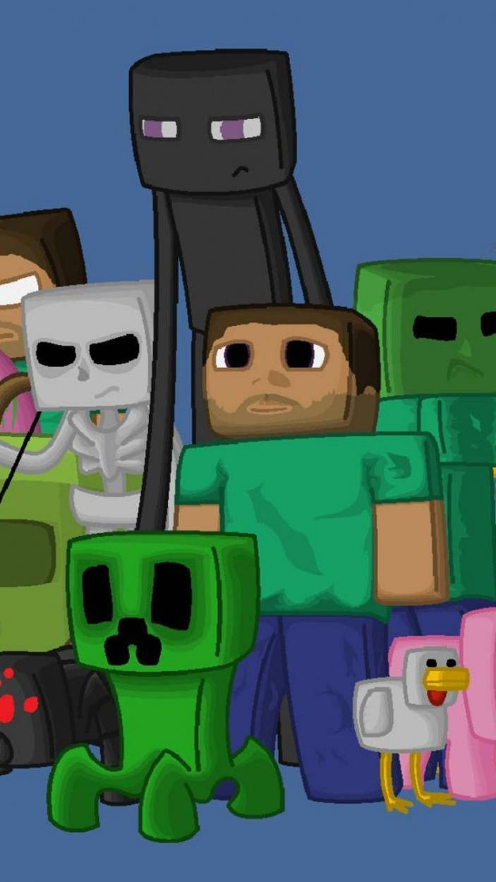 我的世界 史蒂夫 桌布 壁紙 — 一群Minecraft角色，包括Steve Enderman和Creeper，一起站在純藍色背景前。