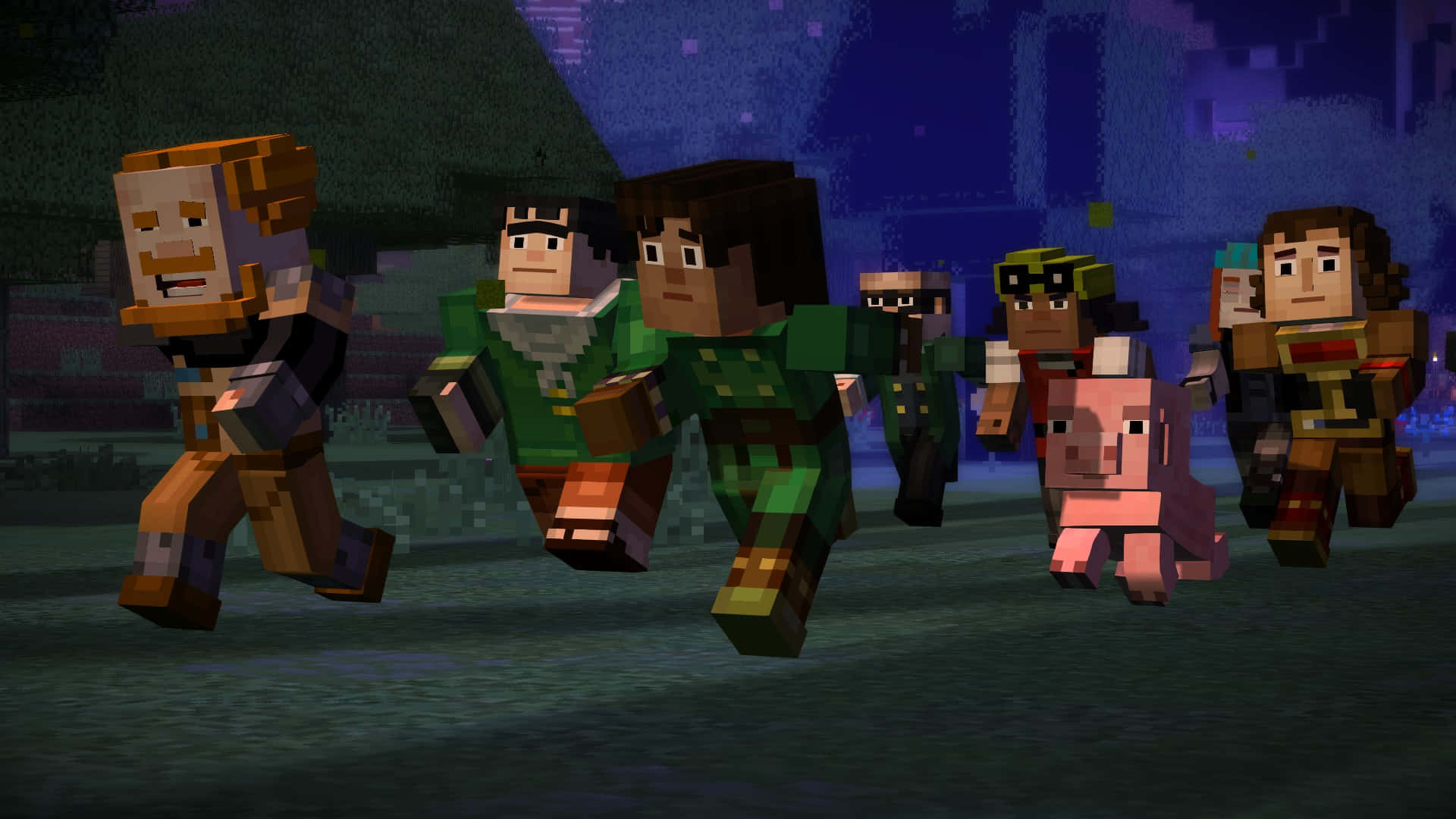 Minecraft Story Mode 桌布 壁紙 — 一群Minecraft角色和一隻豬在像素化的夜間森林場景中一起行走。