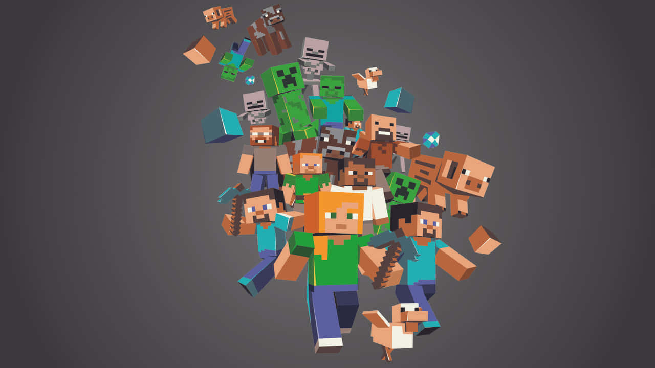 Minecraft Characters 桌布 壁紙 — 一群Minecraft角色和怪物以方塊3D風格從深灰色背景中爆發出來，充滿動感。