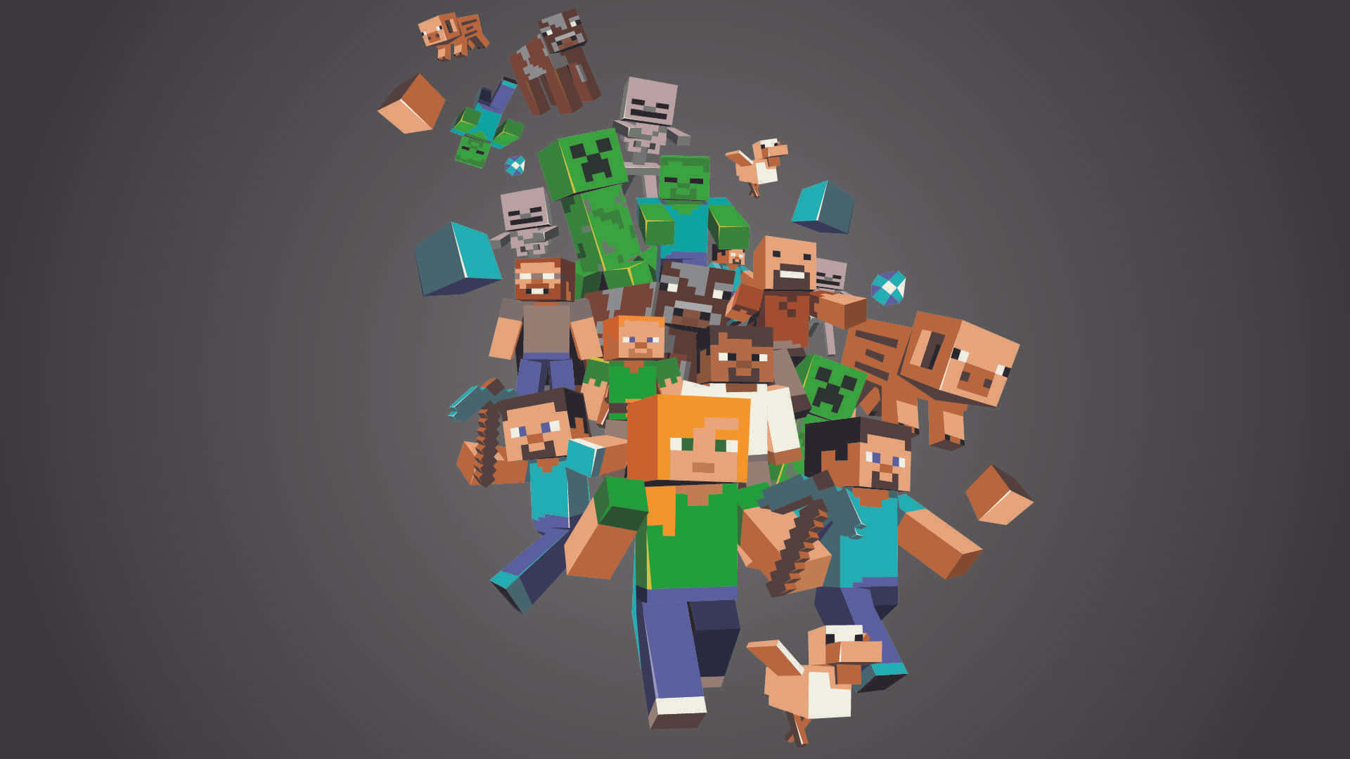 可愛 Minecraft 桌布 壁紙 — 一群Minecraft角色和生物以方塊3D風格從深灰色背景中爆發出來的動態組合。