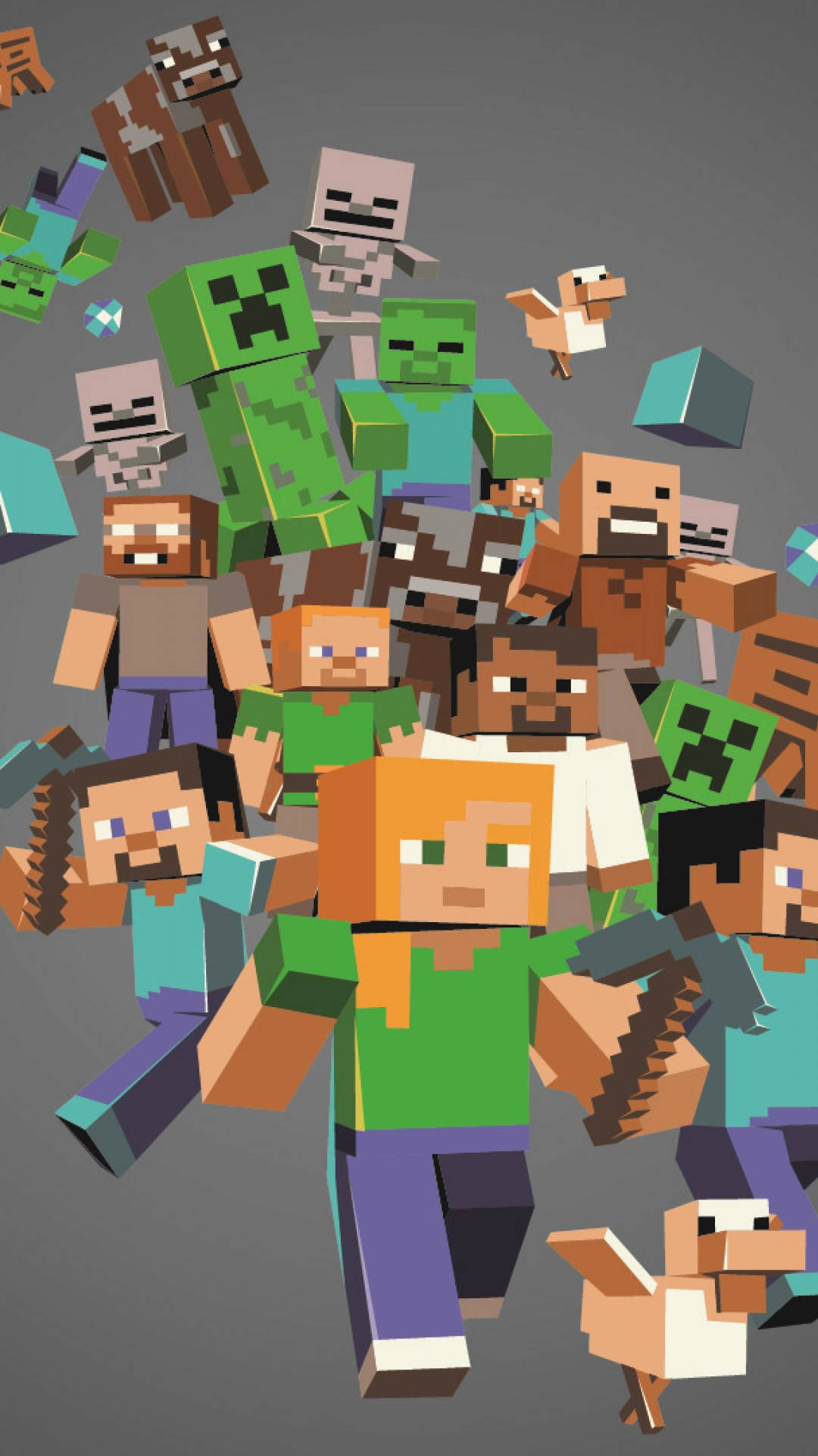 我的世界 高畫質壁紙 桌布 壁紙 — 一群Minecraft角色和生物以標誌性的方塊像素藝術風格，在純灰色背景上呈現動態聚集。