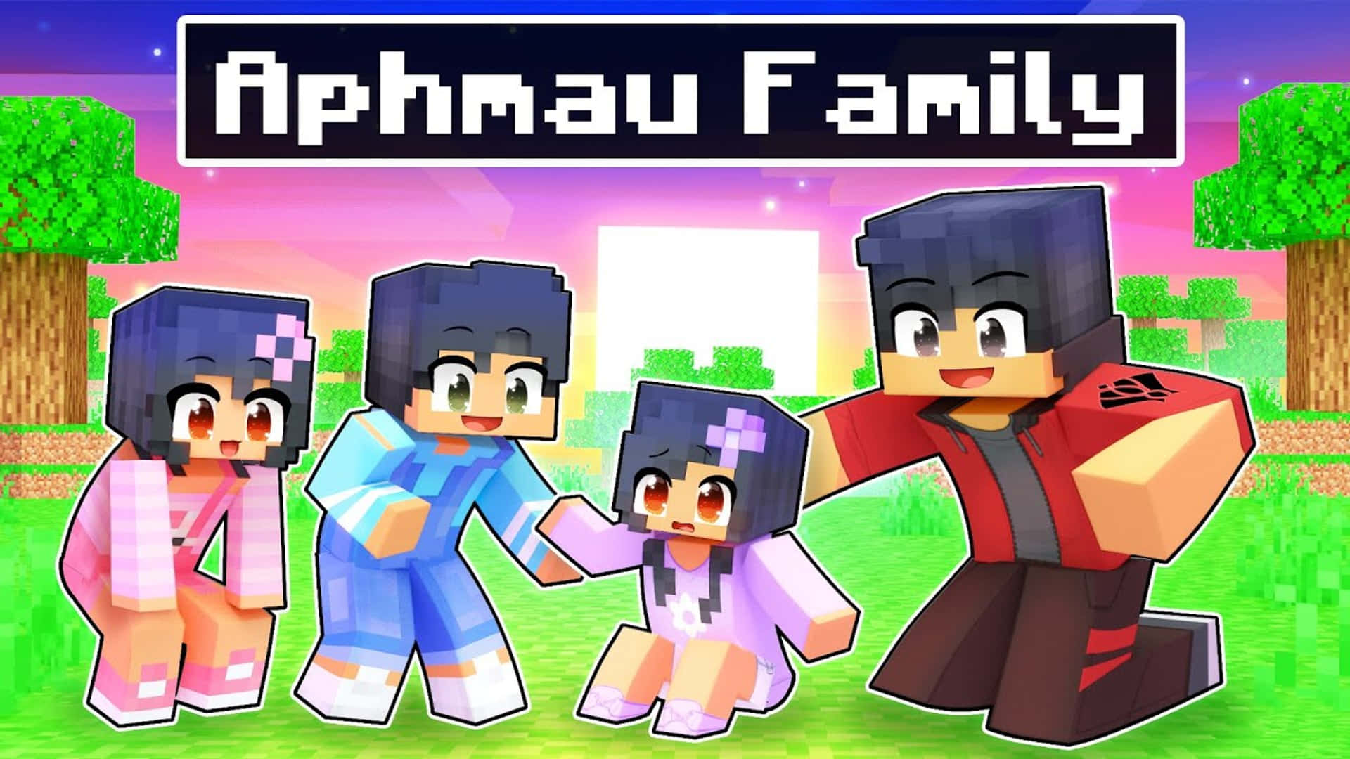 一群Minecraft角色站在樹前的一家人 壁紙