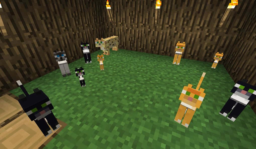 Minecraft Pets 桌布 壁紙 — 一群Minecraft貓和一隻狗站在綠色草地上，室內有木牆，由懸掛的火把照亮。