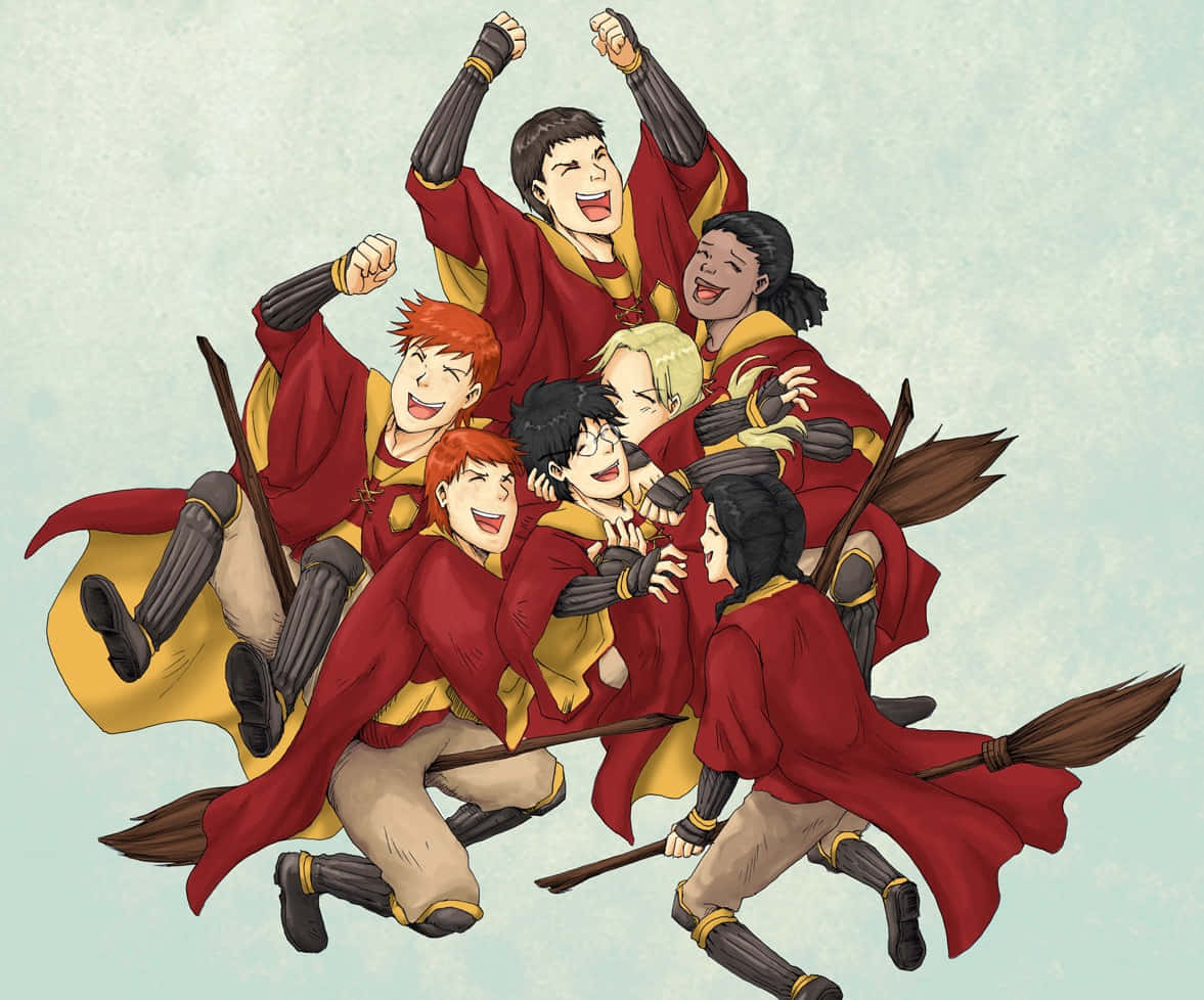 Quidditch 桌布 壁紙 — 一群七位身穿紅色和金色制服、歡樂的魁地奇球員，在掃帚飛舞的空中慶祝。