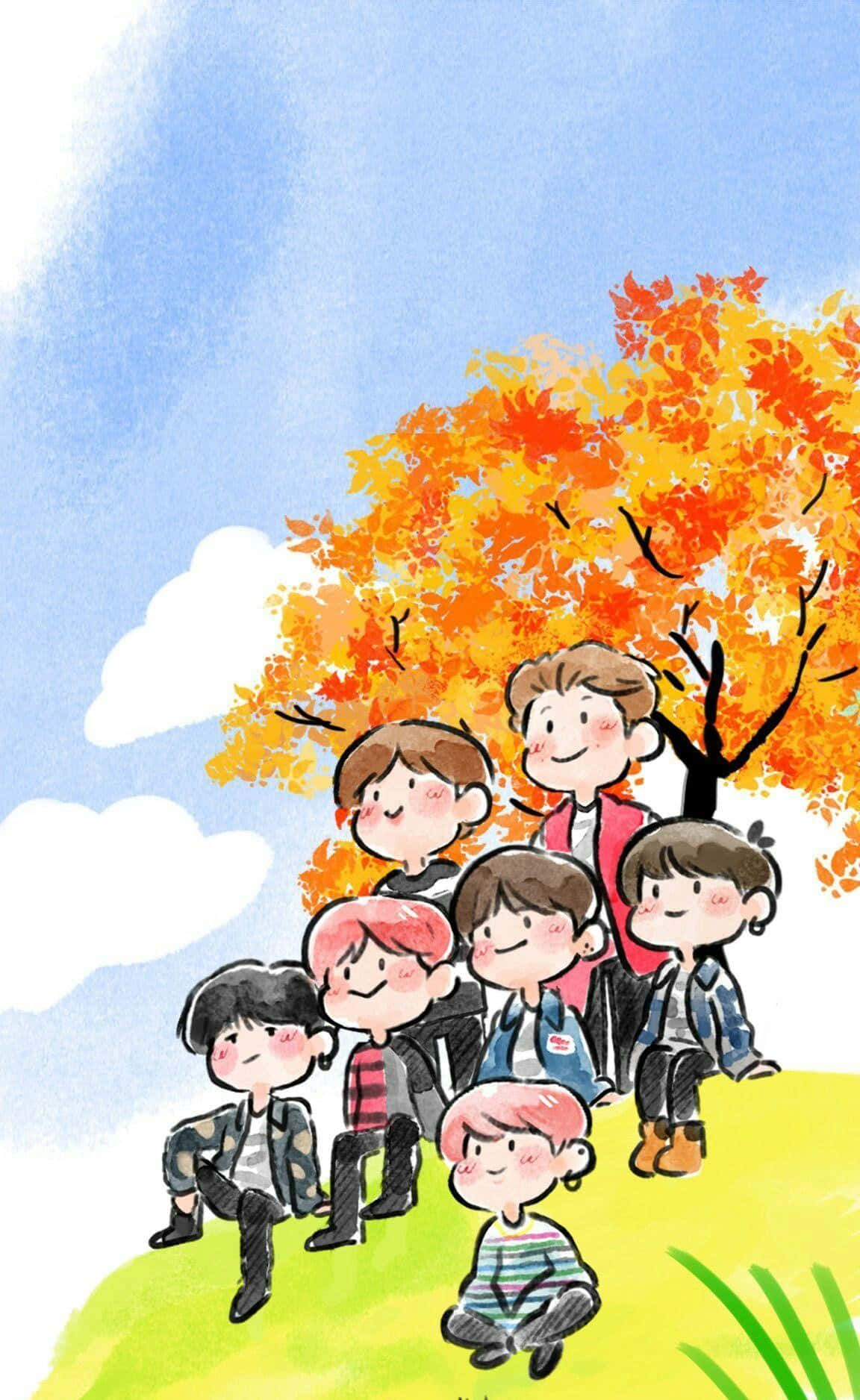 Bts Fanart 桌布 壁紙 — 一群七個孩子愉快地坐在陽光明媚的山丘上，一棵鮮豔的橙色秋樹下，背景是明亮的藍天。