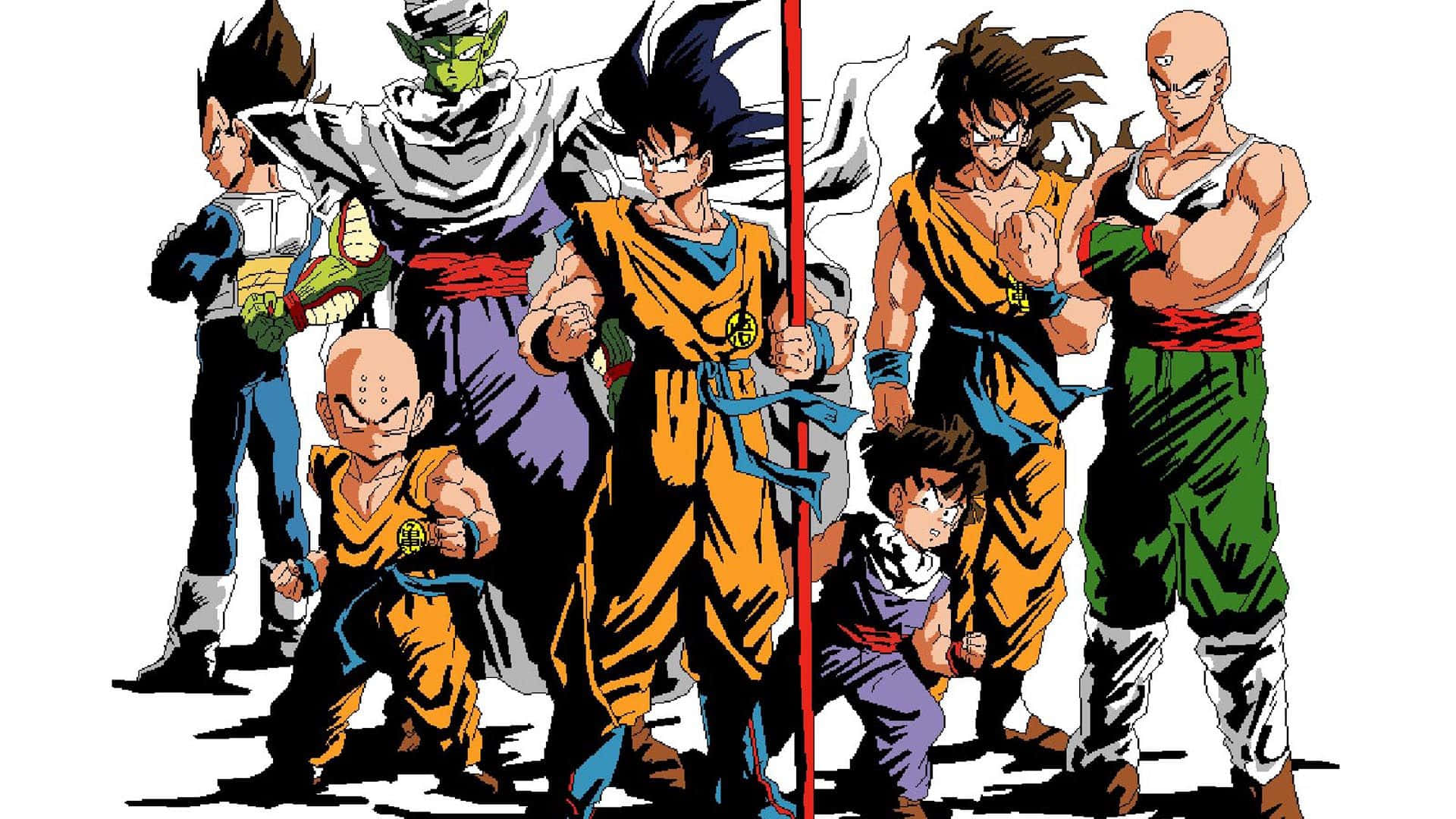 Dragon Ball Z Characters 桌布 壁紙 — 一群七龍珠戰士在純白背景下擺出戰鬥姿勢的動態動漫群像。