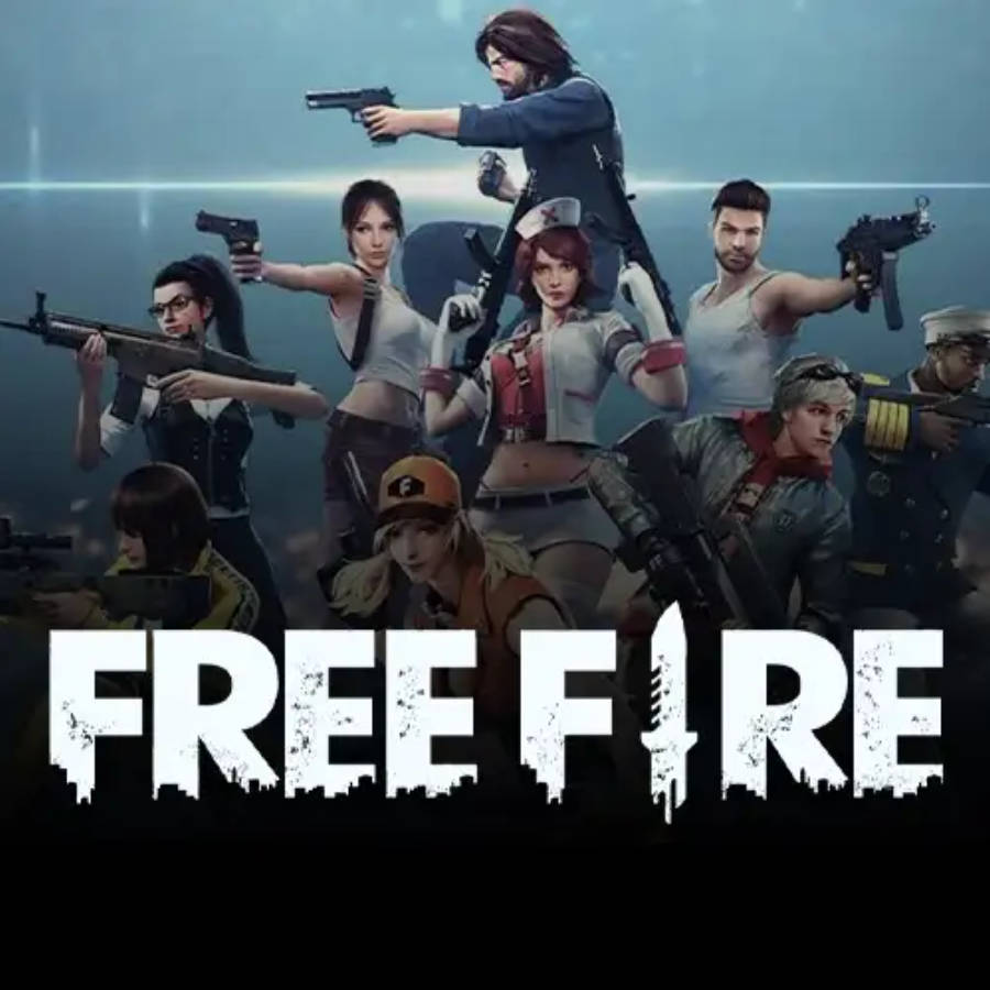 free fire banner 桌布 壁紙 — 一群不同武裝角色身穿戰鬥裝備，在黑暗都市背景下以進取姿態擺出姿勢，並帶有醒目的「FREE FIRE」標誌。