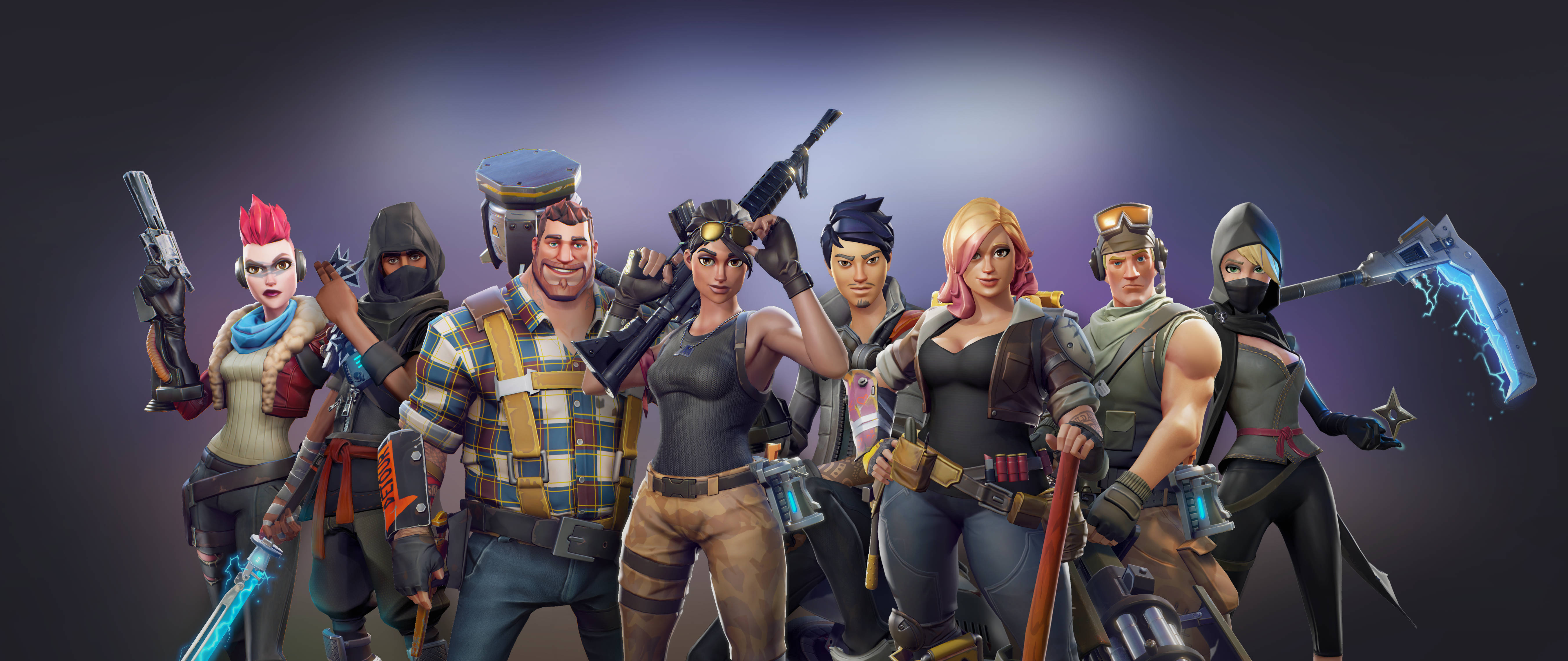 Fortnite 桌布 壁紙 — 一群不同的 Fortnite 角色身穿戰鬥裝備，在深色漸變背景前自信地擺出姿勢。
