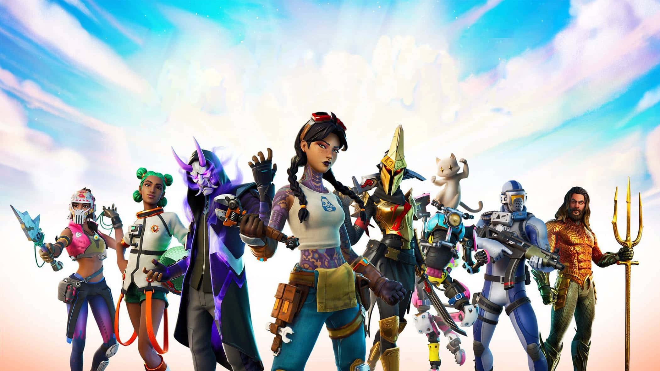 Fortnite Chapter 3 桌布 壁紙 — 一群不同的 Fortnite 角色穿著色彩繽紛的未來風格裝備，以明亮的天空和雲朵為背景，排列出充滿活力的陣容。