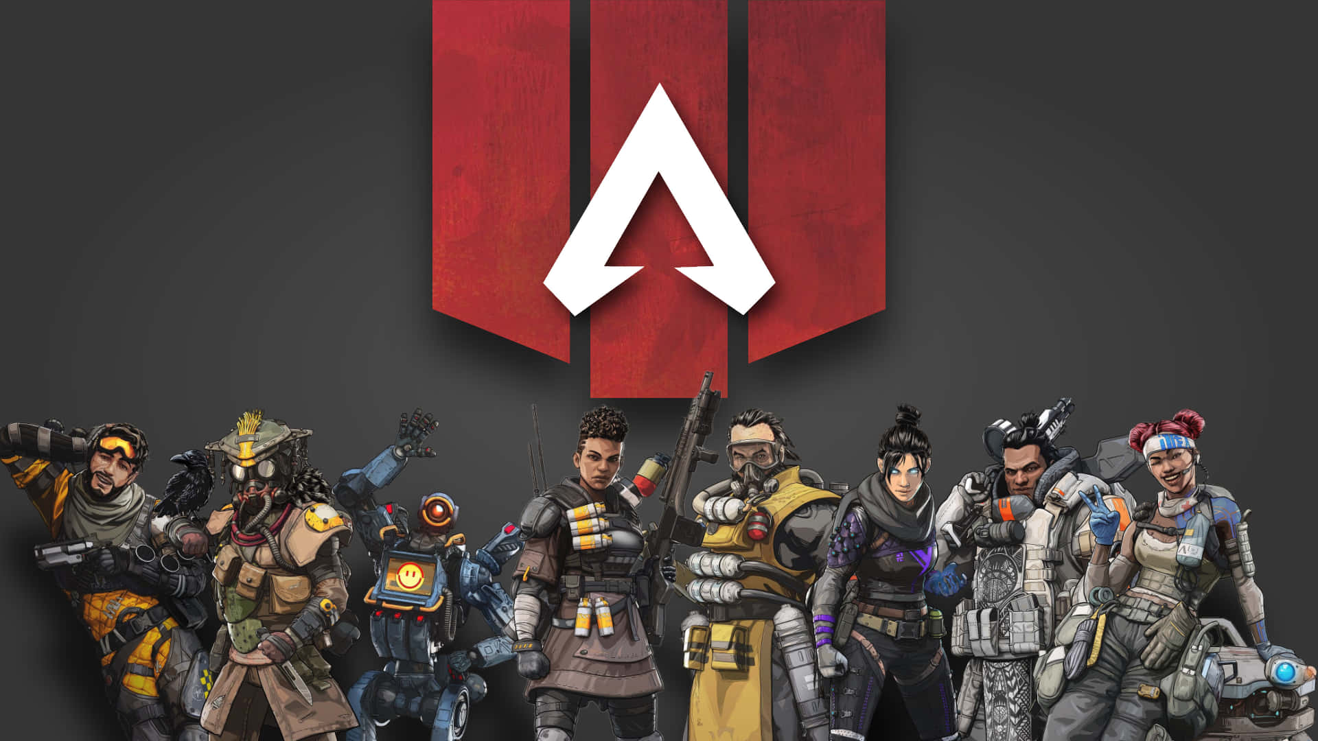 Apex Legends Logo 桌布 壁紙 — 一群不同的Apex Legends角色身穿戰鬥裝備，自信地站在遊戲的紅白標誌下。