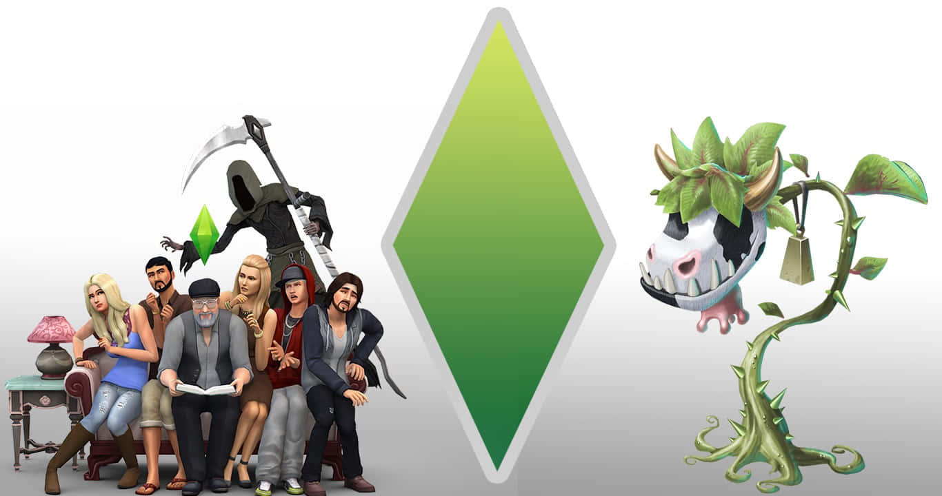 The Sims 4 桌布 壁紙 — 一群不同的模擬市民角色和一個類似殭屍的植物生物在純色背景上夾著一個綠色鑽石標誌。