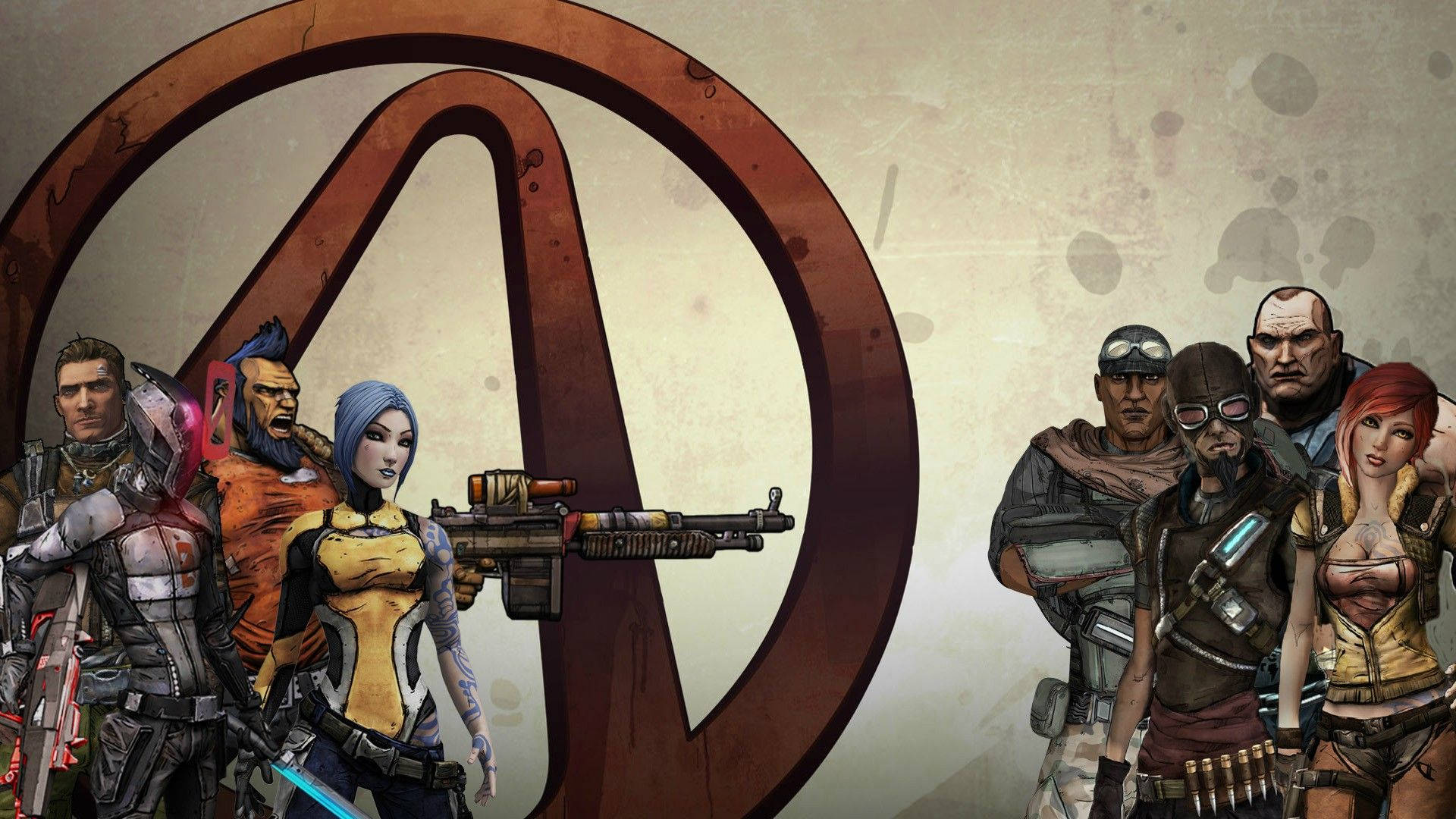 Borderlands 桌布 壁紙 — 一群不同的武裝角色站在一個巨大的生鏽「A」符號前，風格粗獷插圖。