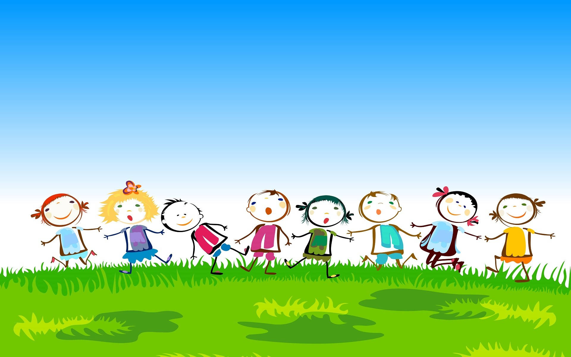 小孩動圖 桌布 壁紙 — 一群不同種族的孩子手牽手，在晴朗的藍天下，奔跑在充滿活力的綠色田野上，形成一條歡樂的卡通線條。