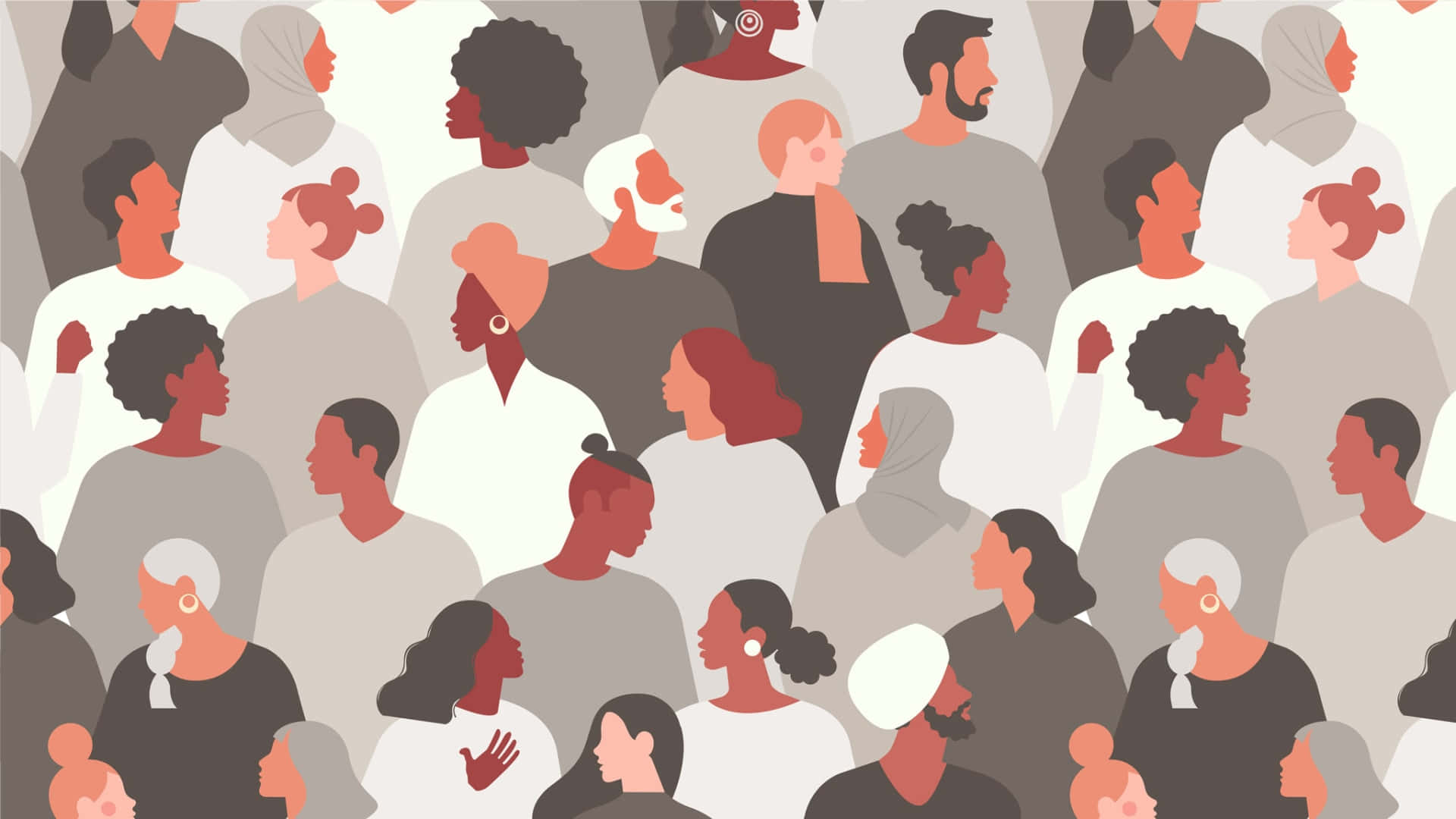 Inclusive 桌布 壁紙 — 一群不同背景的人側面輪廓，以柔和色調呈現，並帶有各種髮型和頭飾。