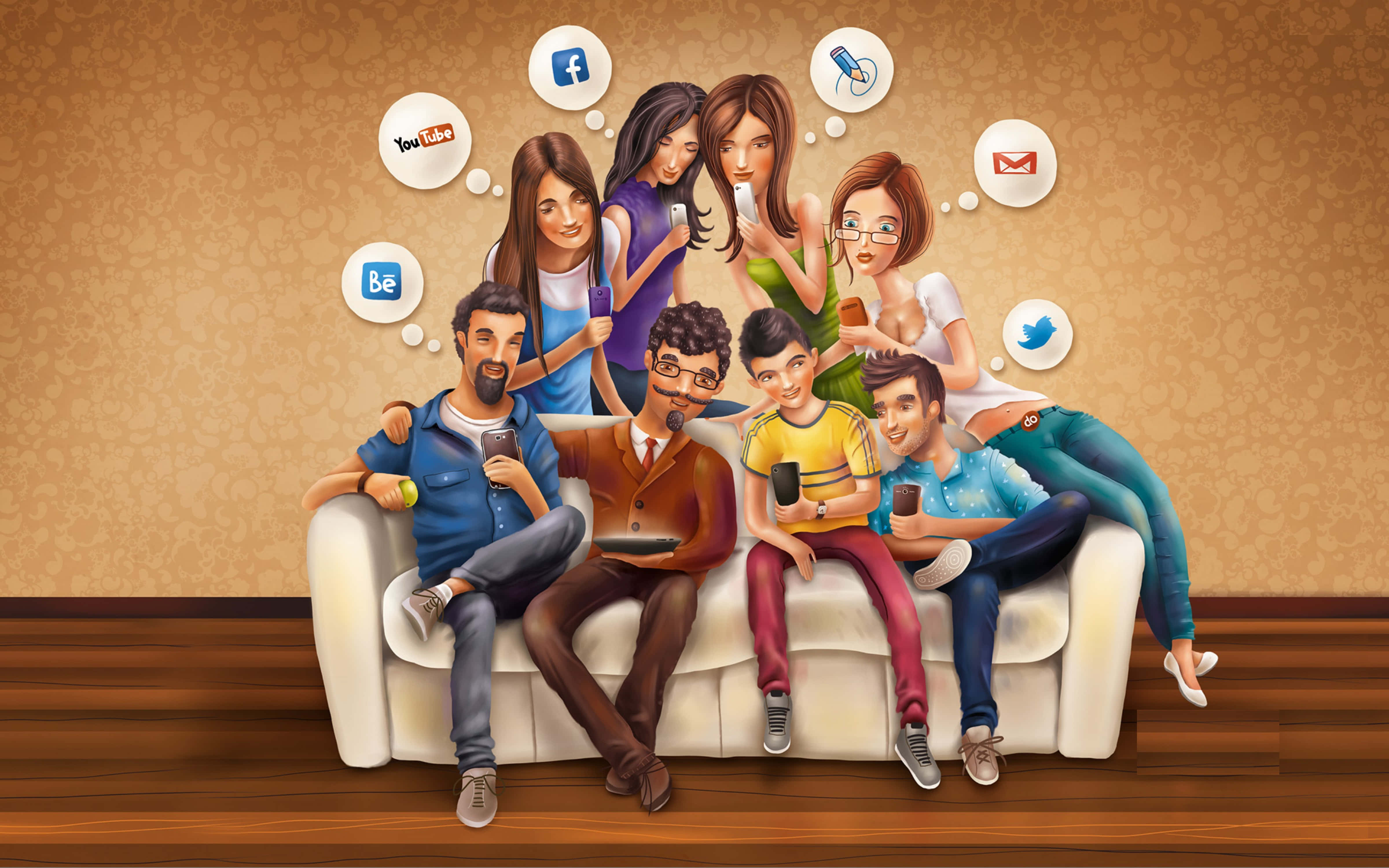 4K Social Media 桌布 壁紙 — 一群不同背景的人在一個燈光溫暖的房間裡，在一張白色沙發上放鬆，周圍是社交媒體應用程式圖示。