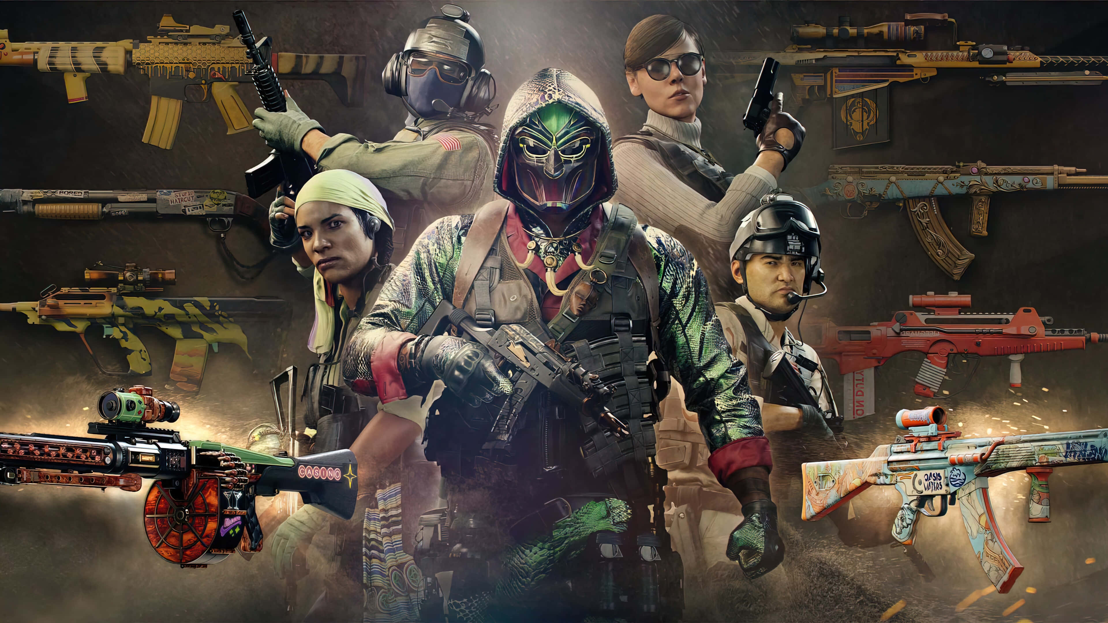 4K Call Of Duty Black Ops Cold War 桌布 壁紙 — 一群不同類型的戰術操作員身穿戰鬥裝備，被色彩繽紛的定制槍械包圍在 gritty 的城市戰爭場景中。