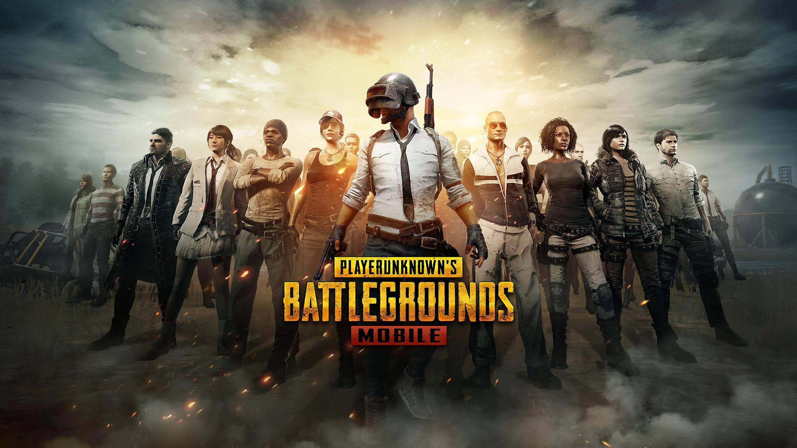 pubg mobile 桌布 壁紙 — 一群不同類型的戰術裝備大逃殺玩家，在暴風雨的天空下挑釁地站立，周圍有火花飛舞。