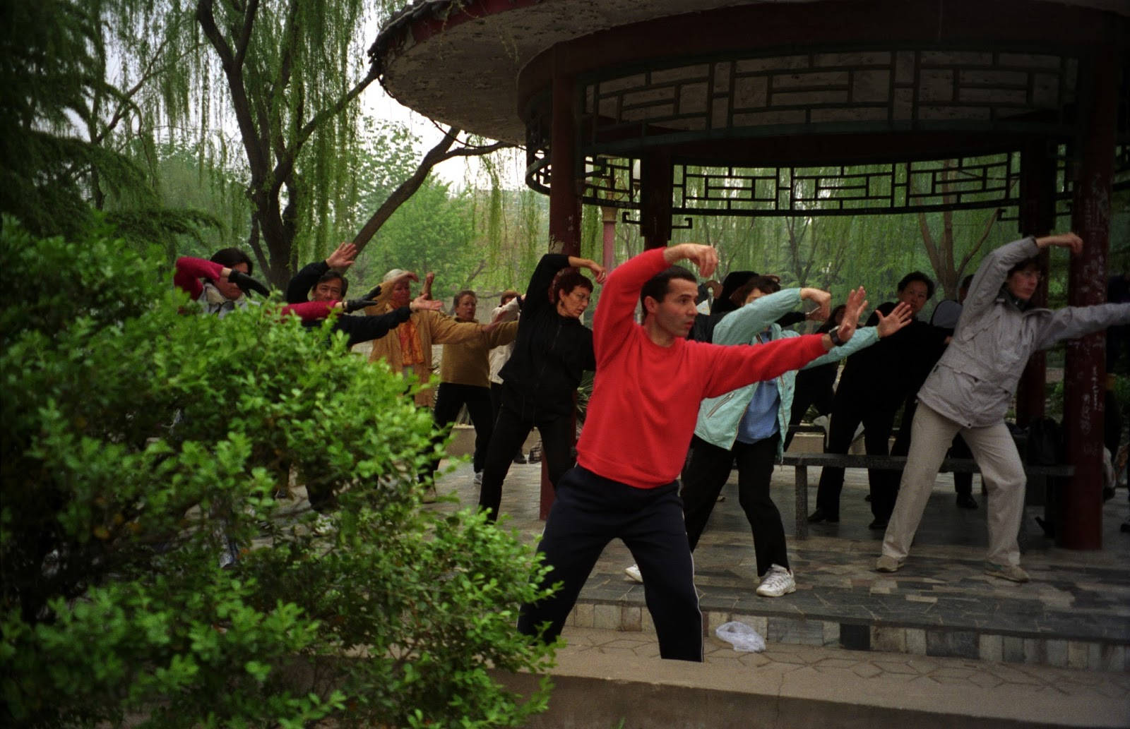 Exercise 桌布 壁紙 — 一群人在公園亭子裡，在陰天進行同步伸展運動。