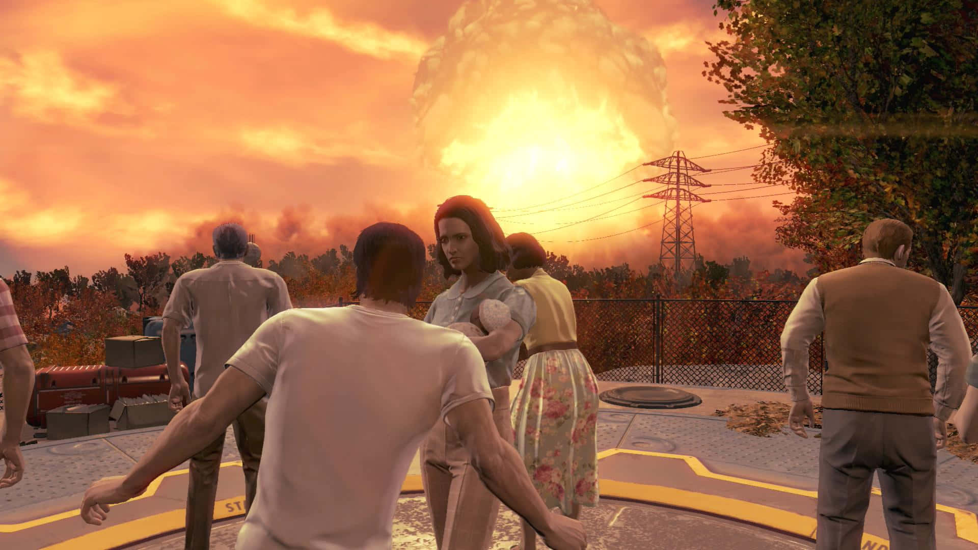 Fallout Nuke 桌布 壁紙 — 一群人站在屋頂上，觀看巨大的核爆炸將天空照亮成火熱的橙色和紅色。