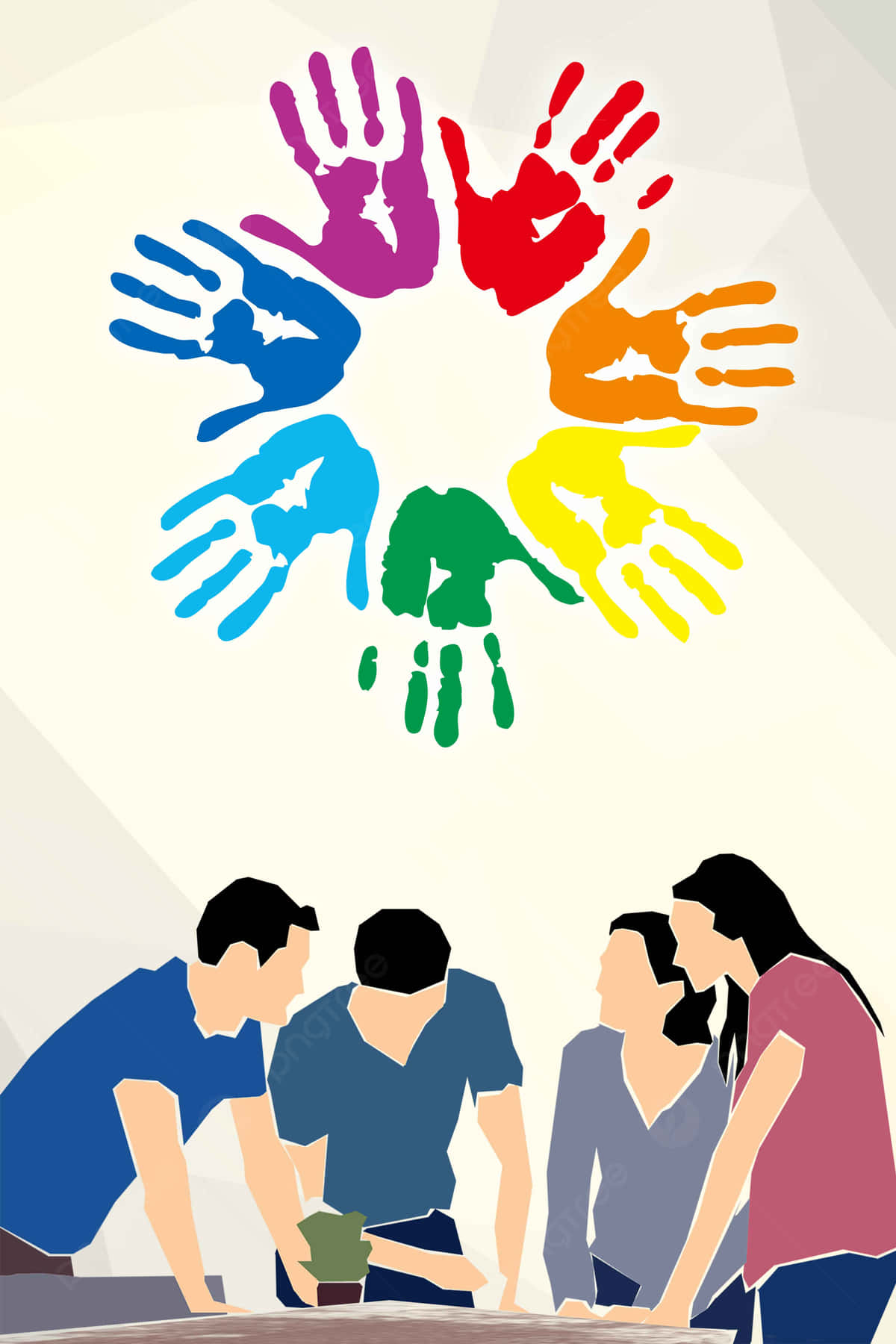 Teamwork 桌布 壁紙 — 一群人聚集在一張桌子周圍，上方是一個充滿活力的彩虹手印圓圈，象徵團結與多元。