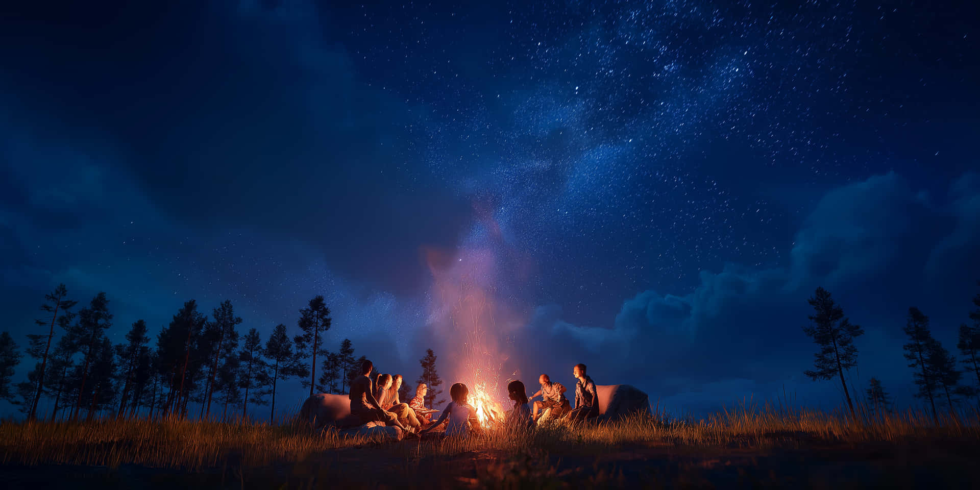Friends by the Bonfire 壁紙 — 一群人聚集在發光的營火周圍，在廣闊的星空下，可見銀河和松樹的剪影。