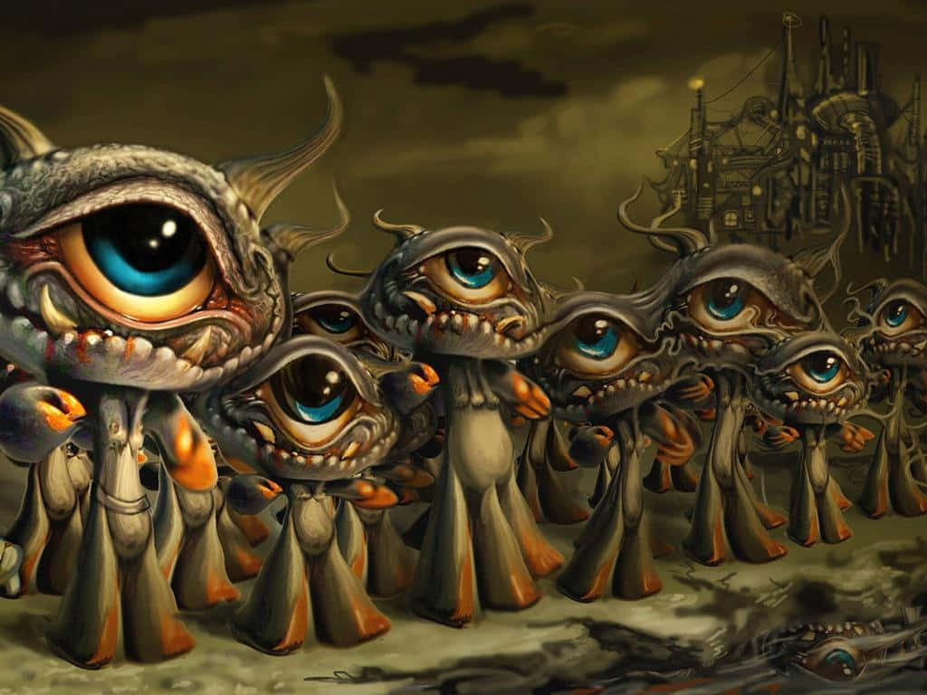 Eyes 桌布 壁紙 — 一群令人畏懼的怪誕眼頭生物，帶著發光的藍色虹膜，在暴風雨的天空下，穿過骯髒的工業廢地行進。